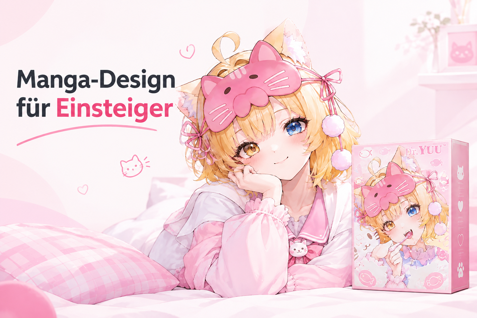 Model mit der illustrierten Dr.YUU Anime-Onahole-Produktbox im Manga-Design
