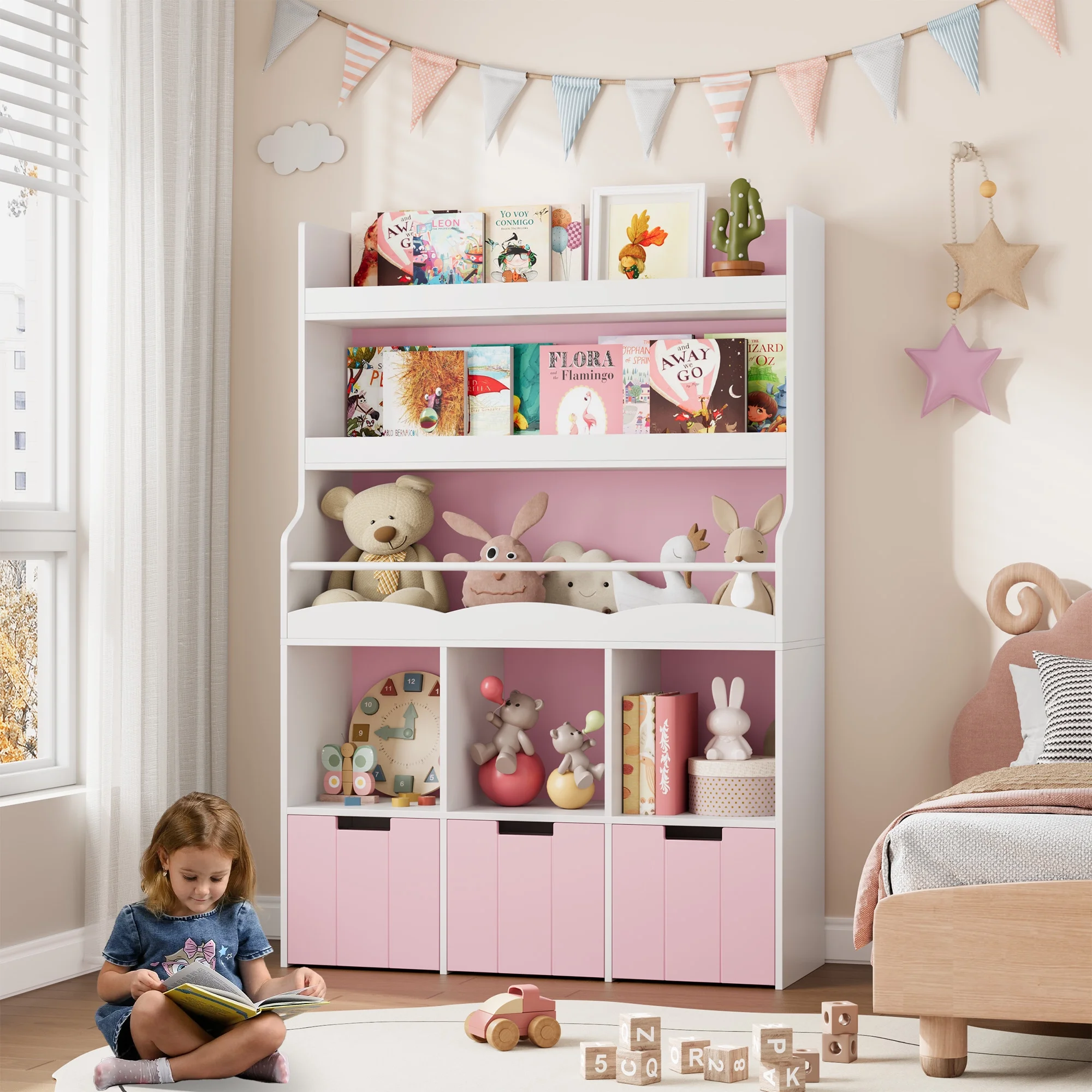 Homfa 55.5- H Kids Bookshelf with 2-Tier Book Shelves, Children Toy Organizer with 3 Cubes and Removable Drawers, White - Image 10