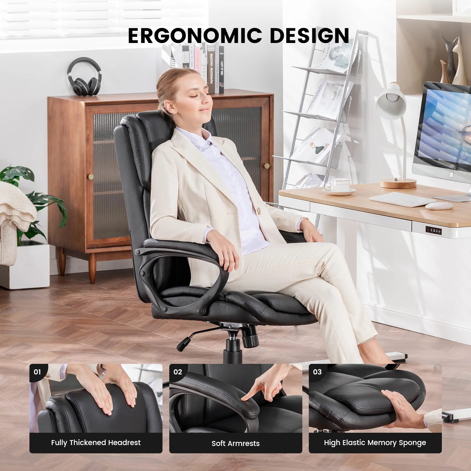 Mainstays Executive Ergonomic High Back Leather Home Office Desk Chair, Black - Image 9