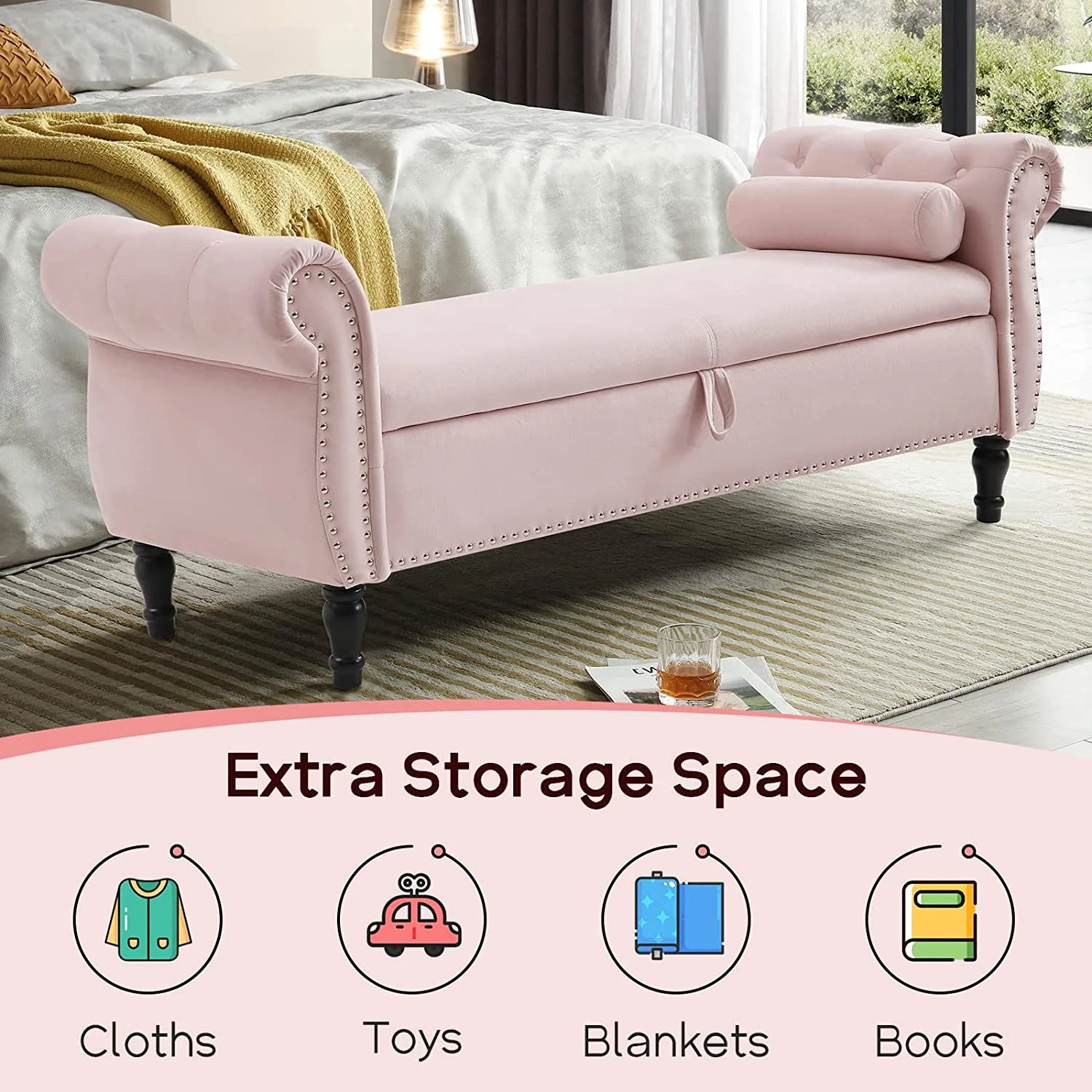 Sumdeal 43.5" Storage Ottoman Bench with 250lb Seating, Linen Upholstered Wood Legs Safety Hinge Flip Top Oval Foot Rest Long Stool for Sofa Couch Bedroom End of Bed Living Room Entryway, White - Image 77