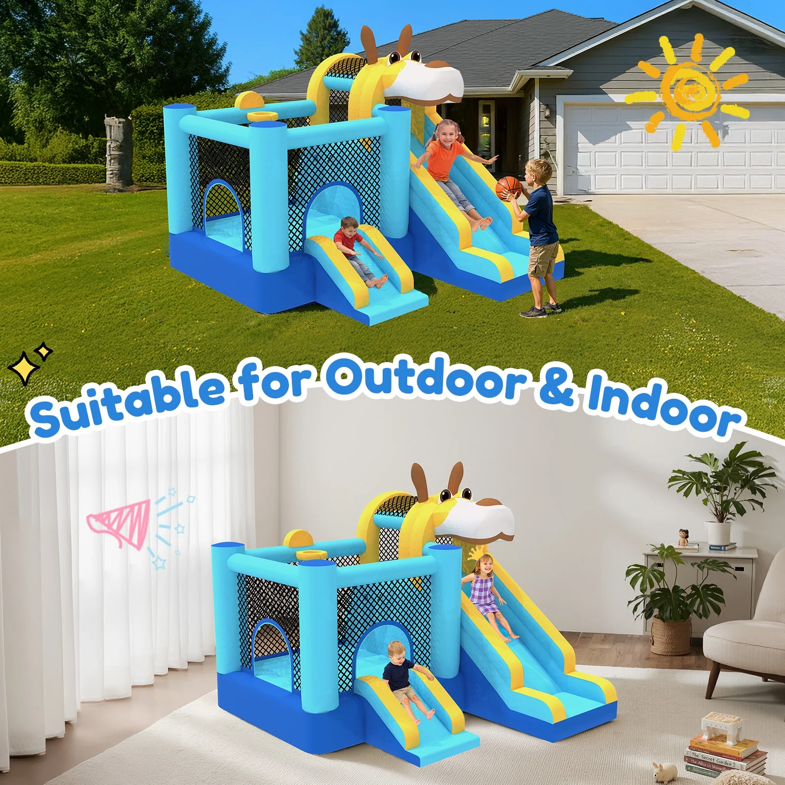 Mukidy 114''x 114'' x 92.5'' Inflatable Bounce Houses for Kids 3-10 with Blower Double Slide and Ball Pit/Indoor Bouncy House, PVC, Child, Teen, Toddler,Blue - Image 8