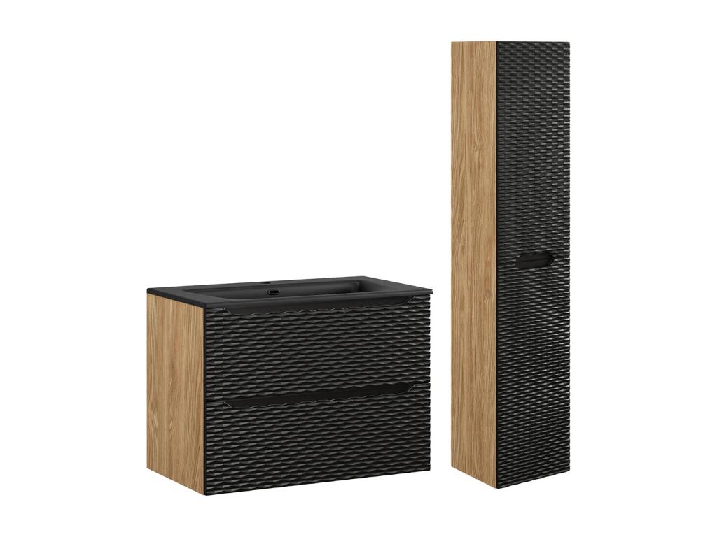 Conjunto de muebles con lavabo individual encastrado 80cm y columna Elora Negro y madera