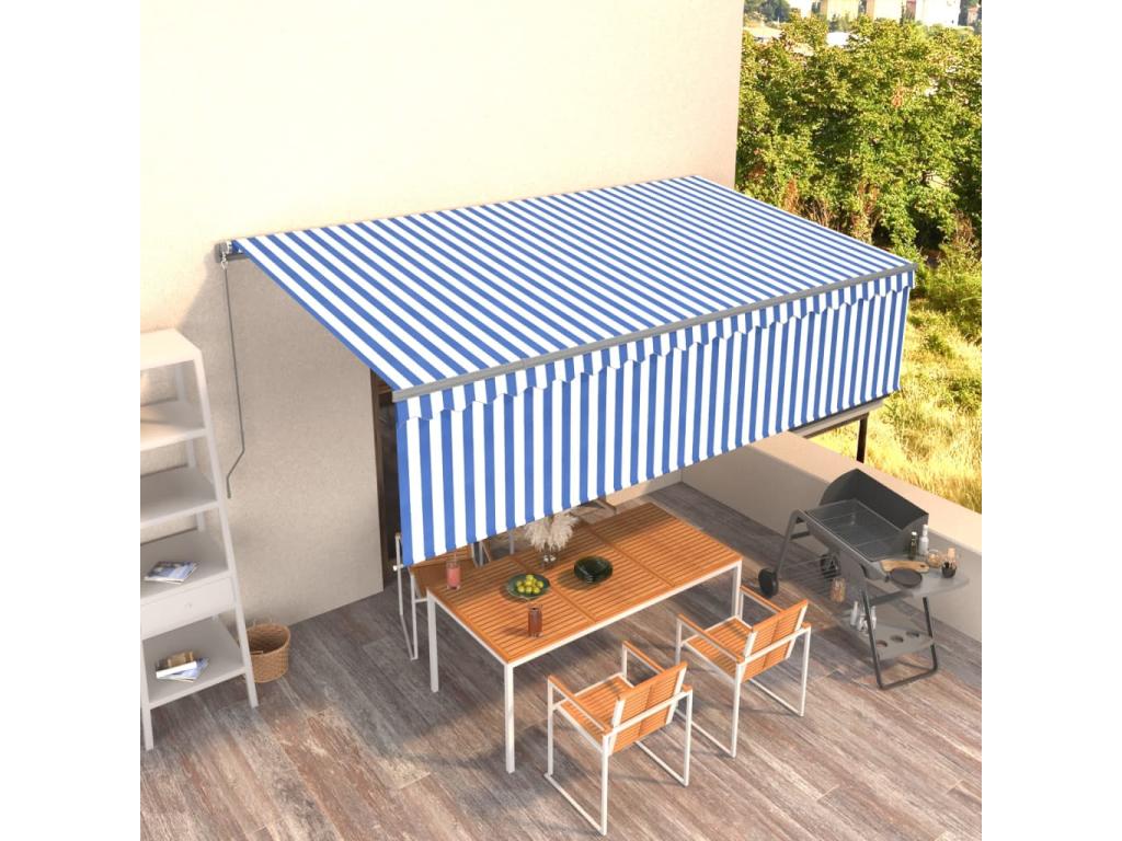 Toldo retráctil manual con persiana azul y blanco 5x3 m