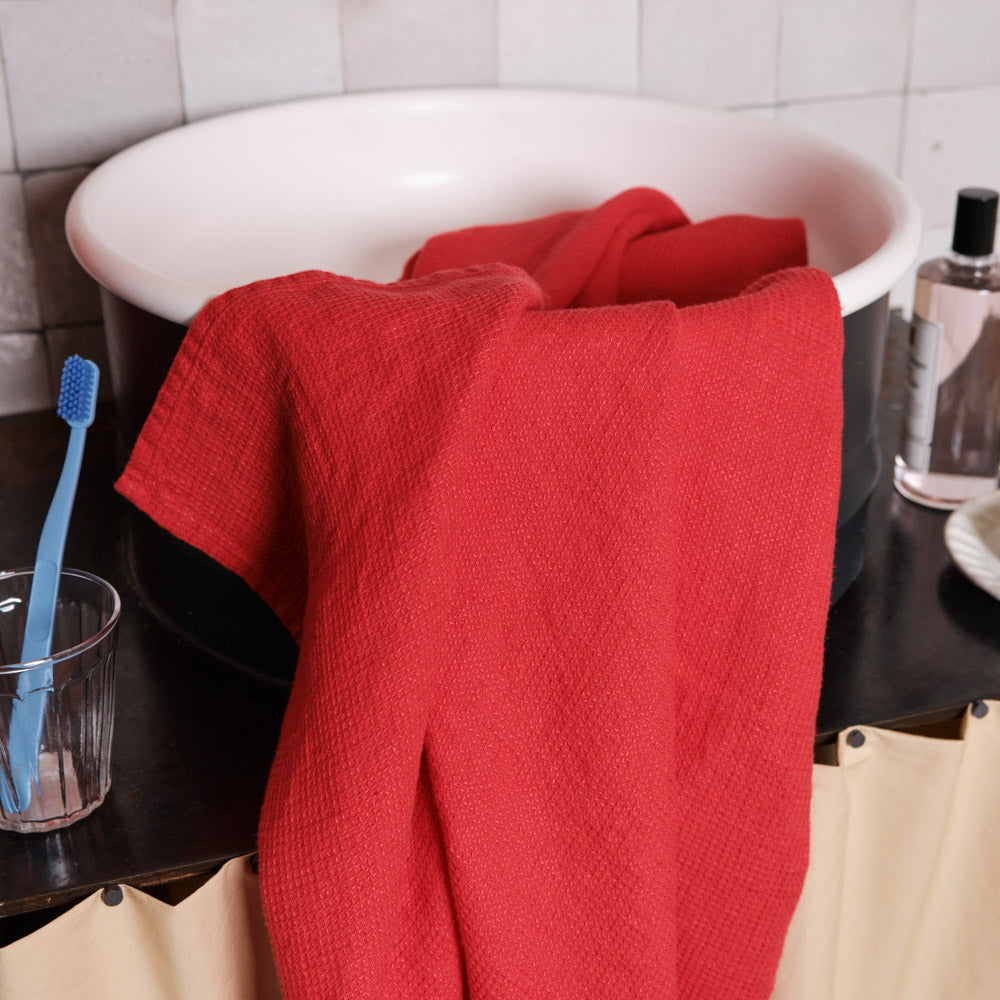 Serviette de bain en lin - Nid d'abeille - Rouge Vermillon