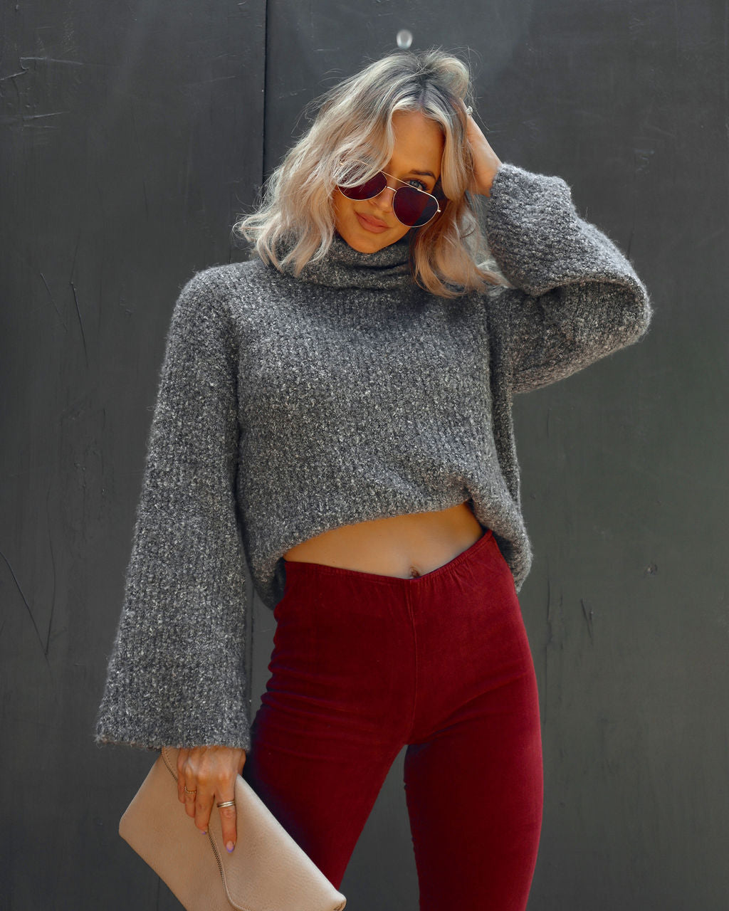 Warmest Wishes Knit Cowl Neck Bell Sleeve Sweater - Grey - SALE - Se7enfashion