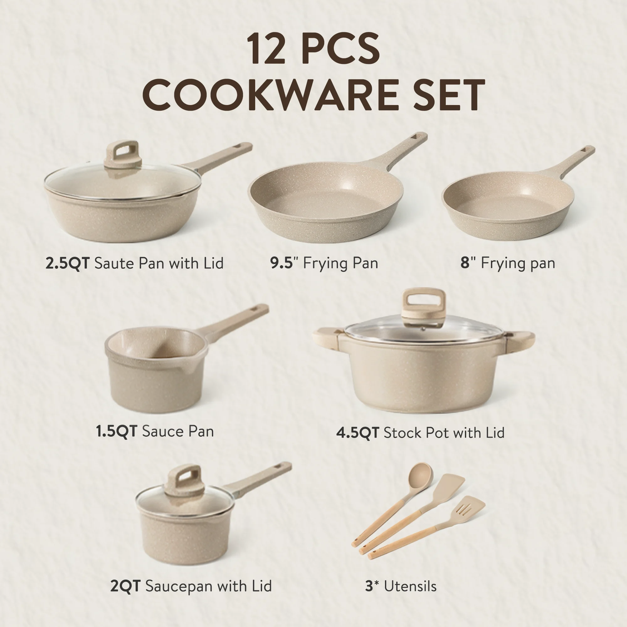 Carote 13 Pcs Nonstick Cookware Sets, Non Stick Pots and Pans Set, Induction Cookware, Taupe - Image 11