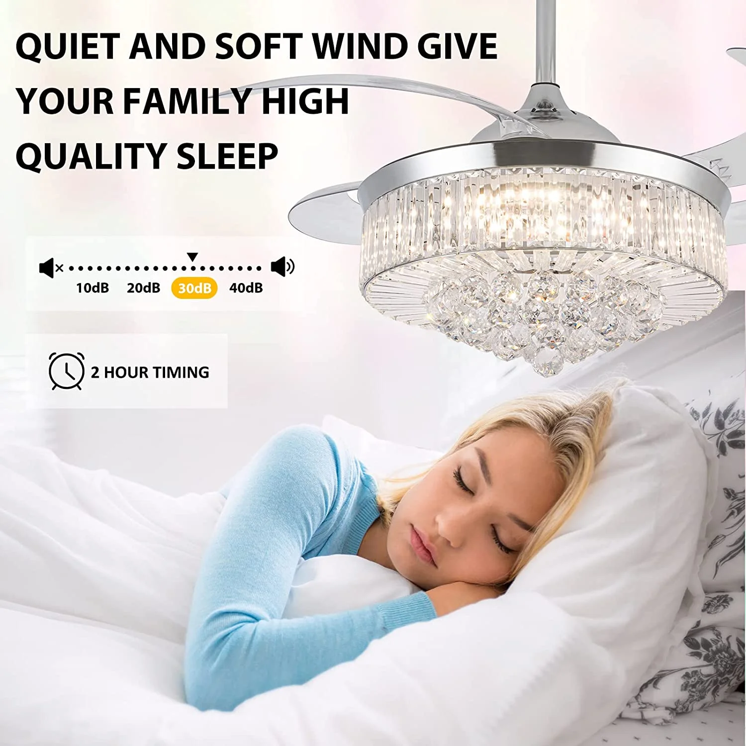 Datingday 42 Inch Crystal Ceiling Fan Golden Crystal Ceiling Fan Chandelier with Remote 6 Speeds 3 Colors Changes Lighting Fixture, 4 Blades Retractable Fans for Bedroom Living Room Dining Room - Image 12
