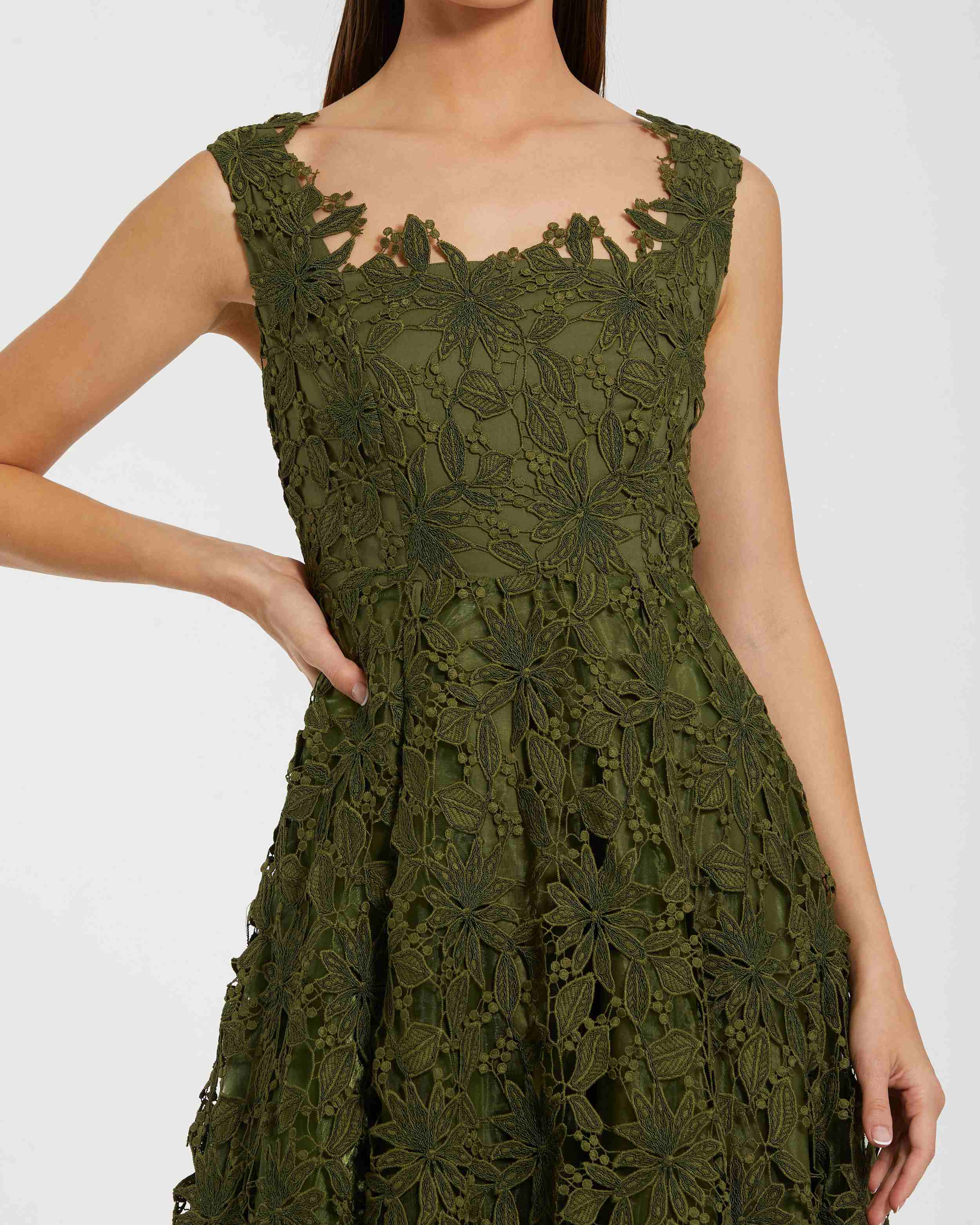 Olive Sleeveless Embroidered Lace A-Line Midi Dress - Special Events Unlimited
