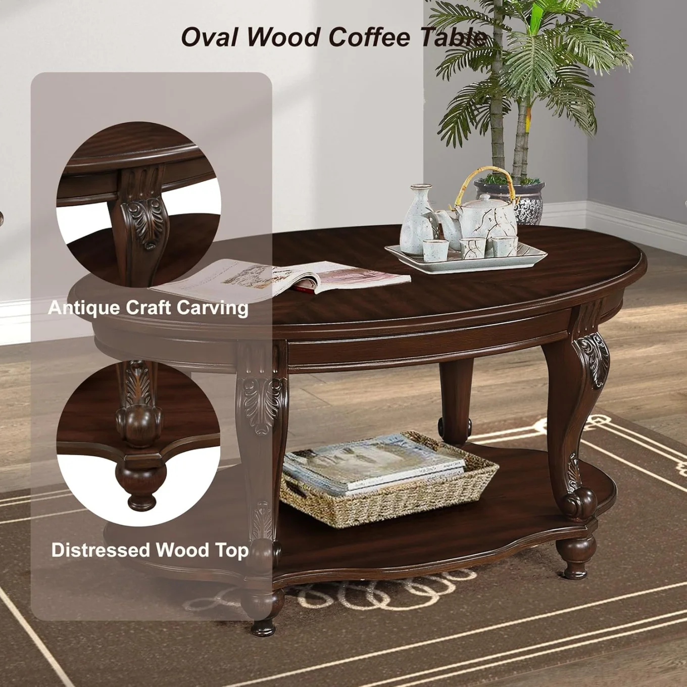 42" Oval Coffee Table with Storage Shelf, 2-Tier Solid Wood Cocktail Tea Table, Traditional Retro Center Table for Living Room, Bearing 400LBS, Cherry - Image 6