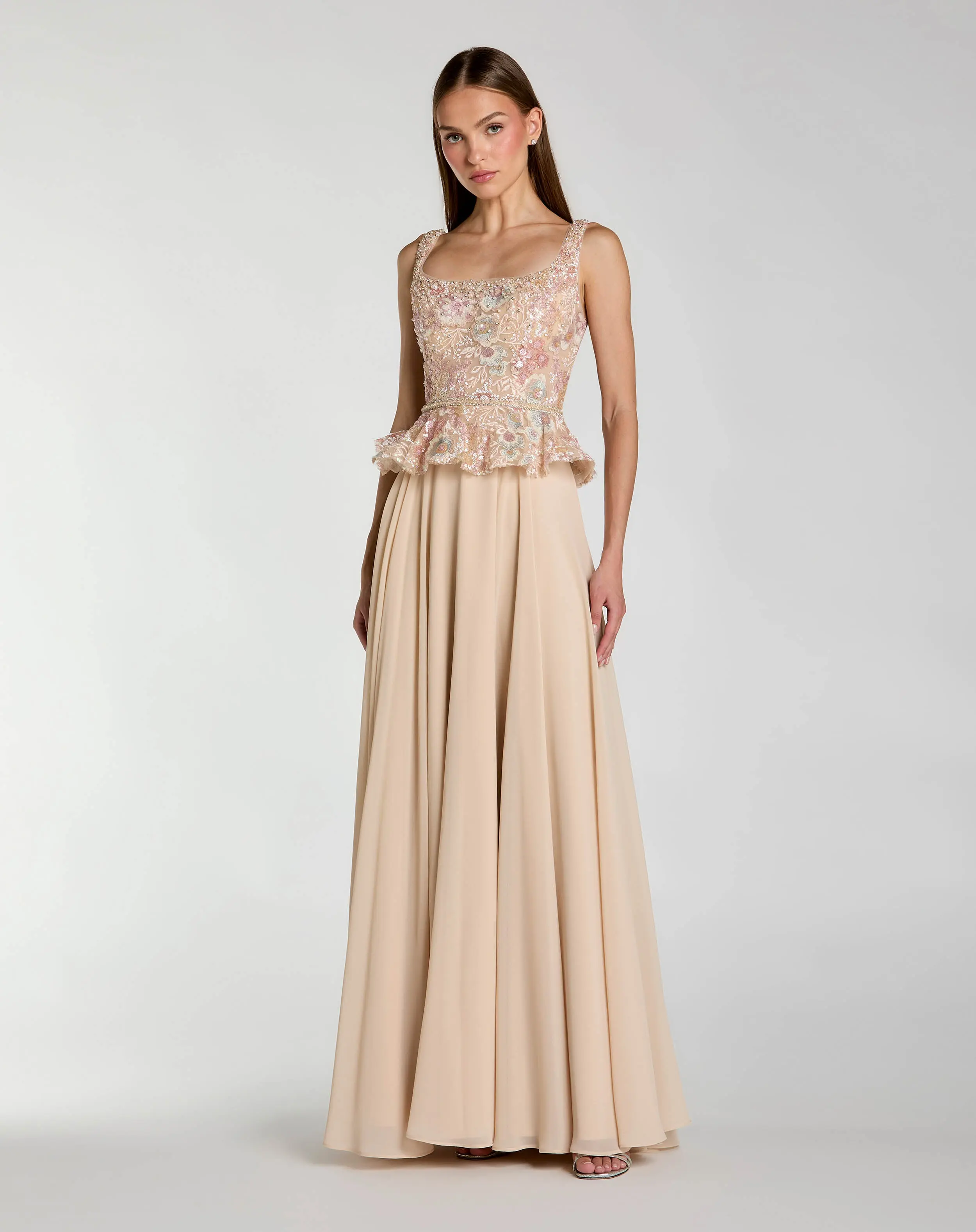 Petite Beige Embroidered Peplum Top With Chiffon Skirt Gown - Special Events Unlimited
