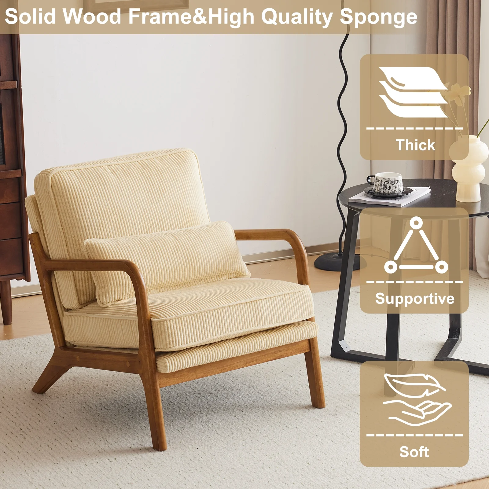 Ktaxon Accent Chair Corduroy Upholstered Armchair, Reading Club Chair with Pillow and Solid Wood Frame for Living Room Bedroom Furniture Off White - Image 65