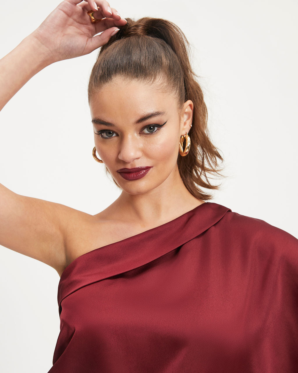 Sylvia Satin One Shoulder Top - Wine - Se7enfashion