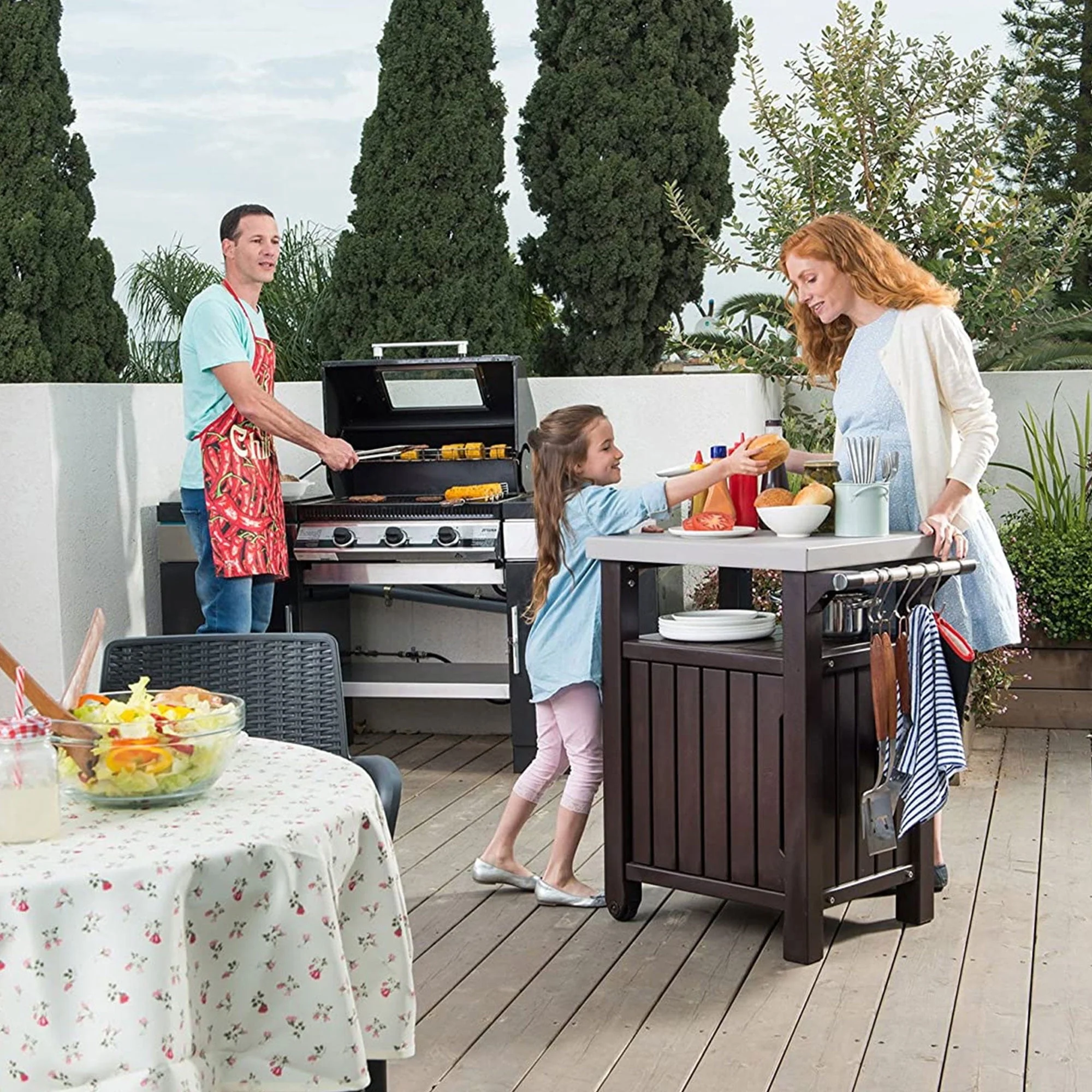 Keter Unity 40 Gal Patio Storage Grilling Bar Cart w/Stainless Top, Brown - Image 12