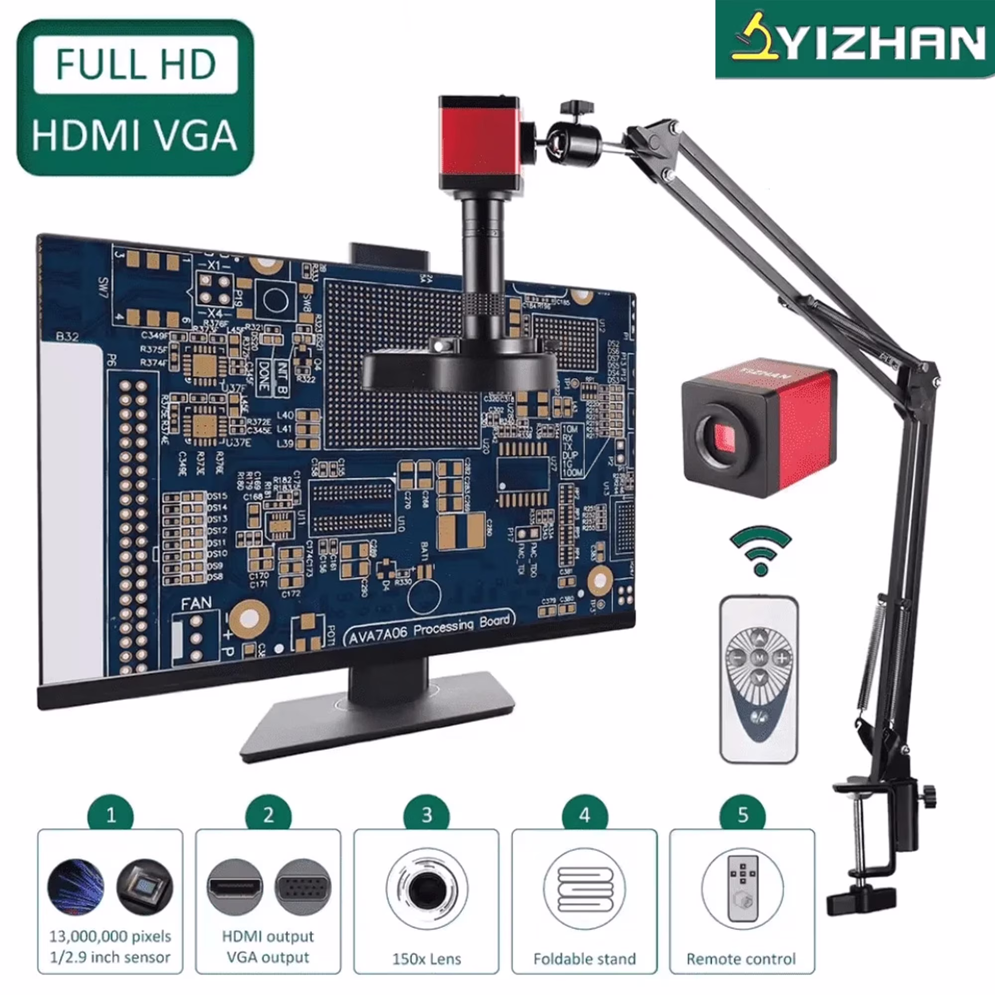 YIZHAN Digital Microscope for Adult 13MP 1080P HDMI VGA Industrial Video Microscope with 150X Zoom C - Mount Lens Foldable Stand LED Ring Light for Electronics Inspection, Jewelry and Watch Repair(13MP/HDMI/1080P/VGA)