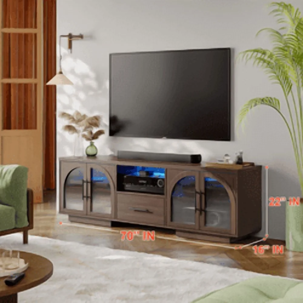 TV Stand for 75 inch TV, LED TV Stand for Living Room,70" Entertainment Center with Arched Glass Doors, Faux Marble Wood Finish Top, Adjustable Shelves, and LED Lighting, Black - Image 16