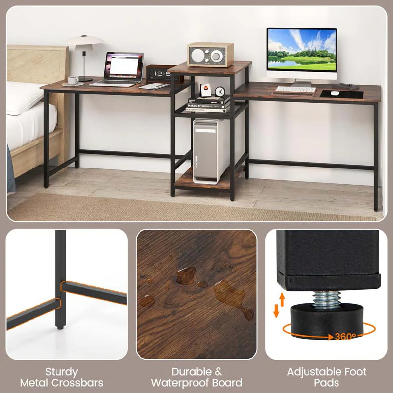 Eletriclife 2-Person Computer Desk with Power Outlet and Printer Stand