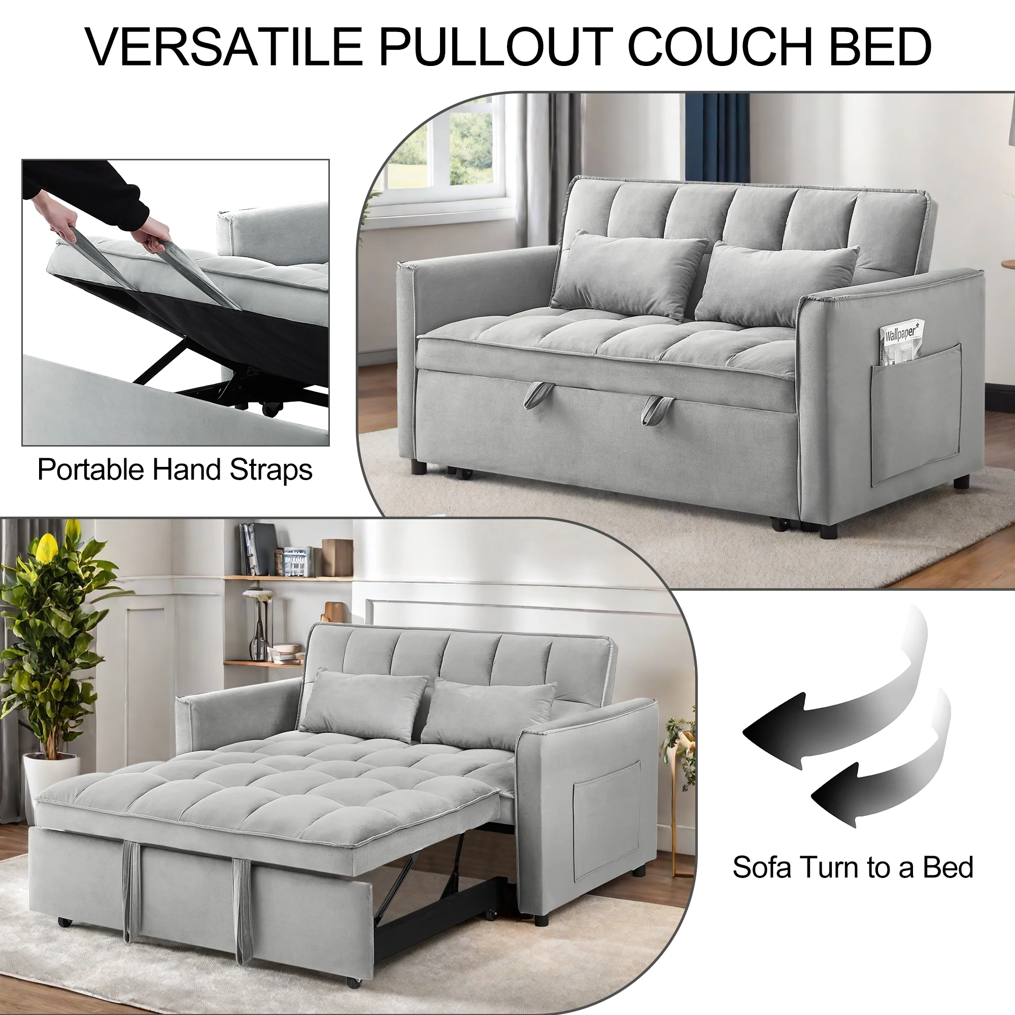 Convertible Sofa Bed,3-in-1 Sleeper Sofa with Pull Out Bed,Sleeper Futon Couch Loveseat with Adjsutable Backrest and Pillows for Living Room,Gray - Image 22