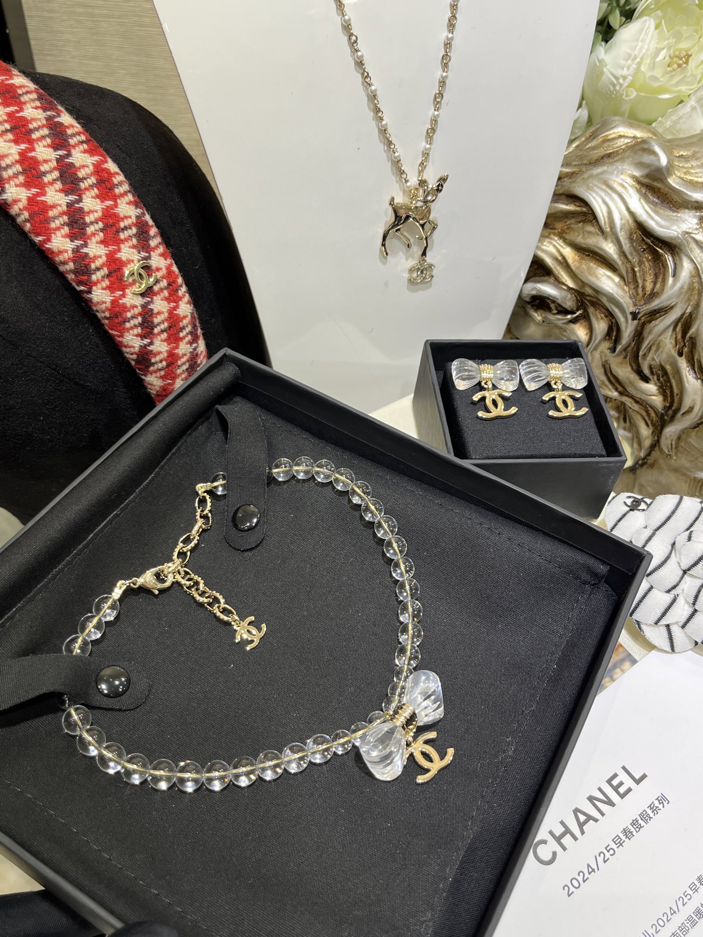 Chanel Transparent Beads Bow Knot CC Pendant Necklace - Original Replica Club