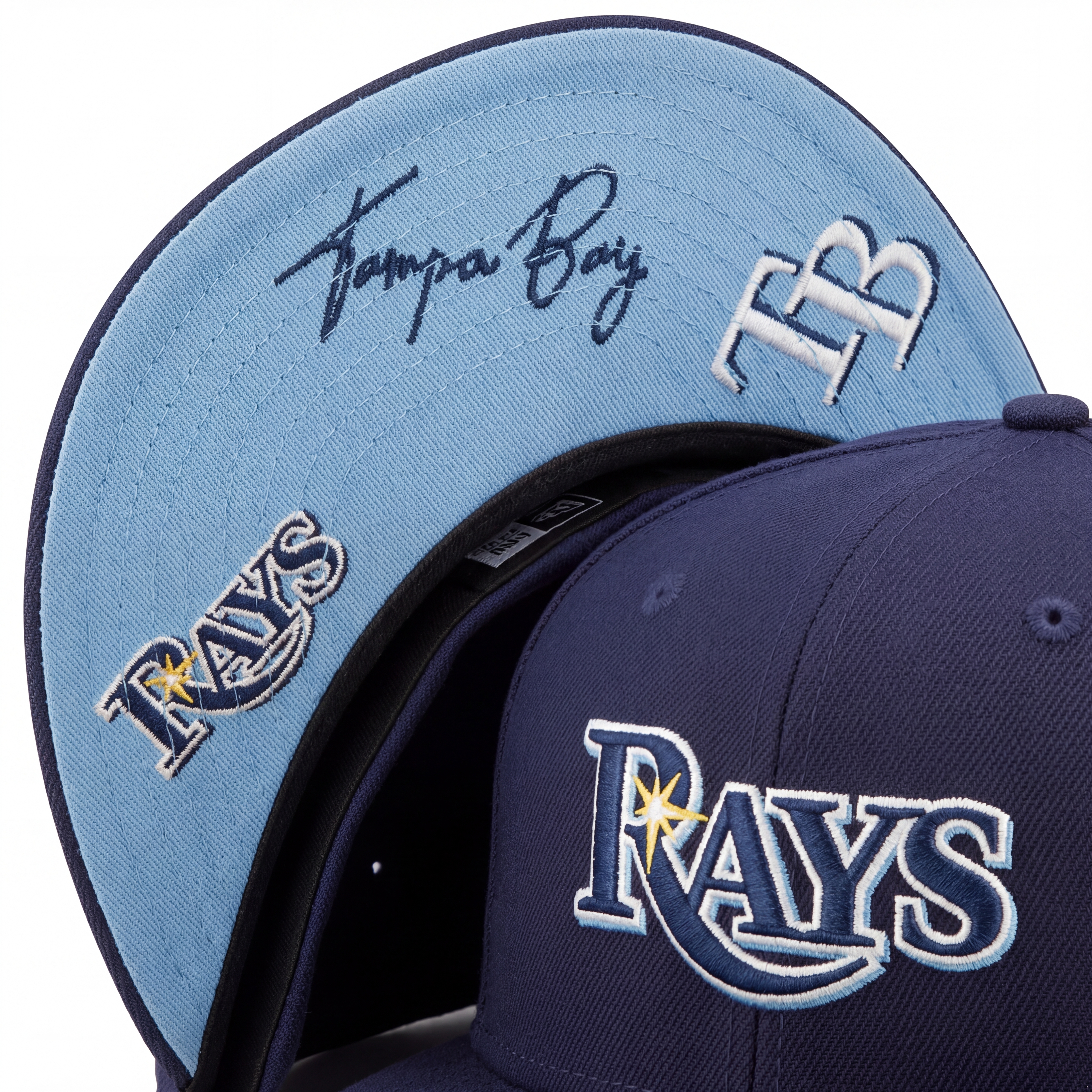 Premium Tampa Bay Rays Custom Navy Snapback Hat with Side Patches & Light Blue Undervisor - SEVEN HATS - SEVEN HATS