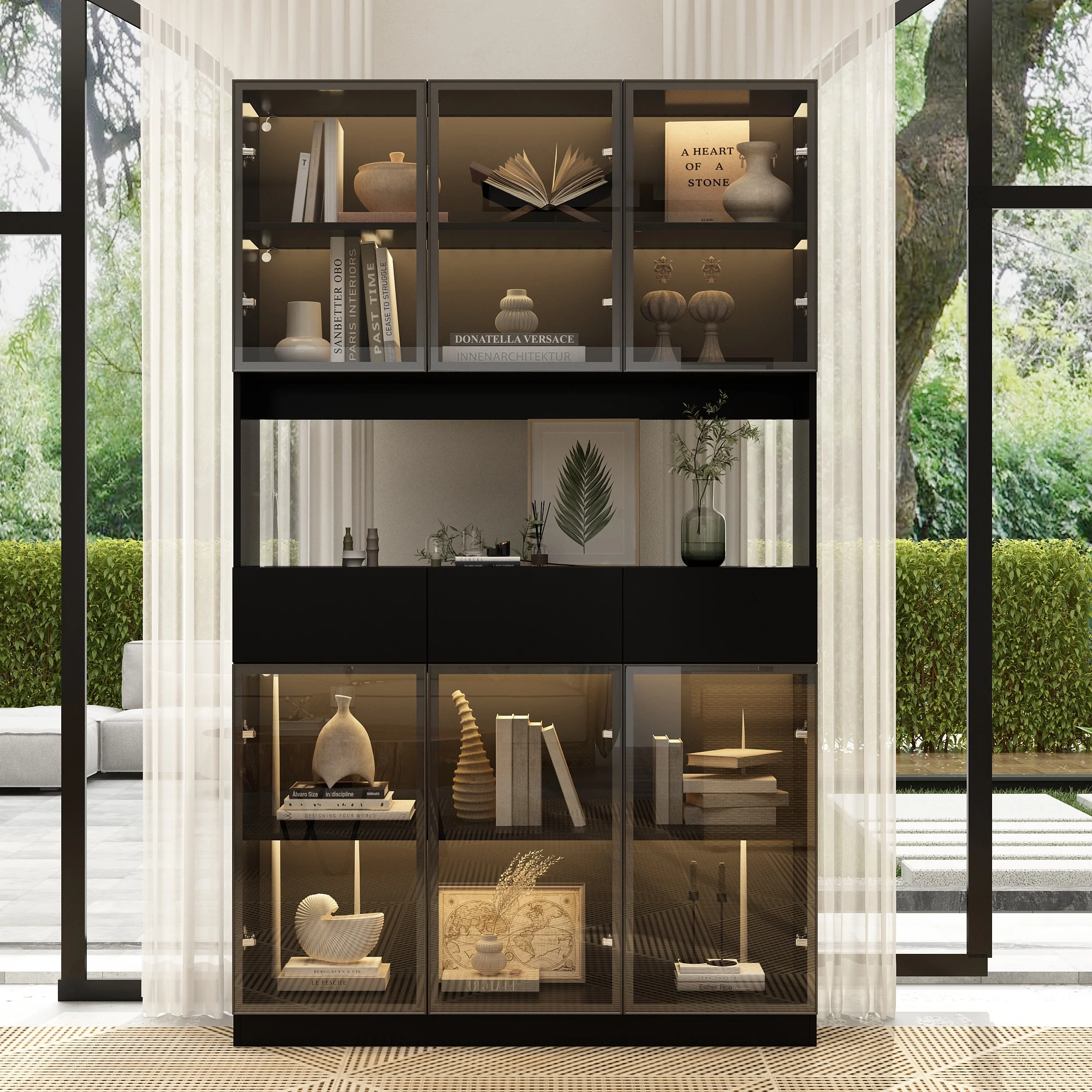 KULAGAGA Bookcases Organizer with LED Lights, Heavy Duty Display Cabinet with Glass Door for Living Room, 31.5" Wide - Image 13