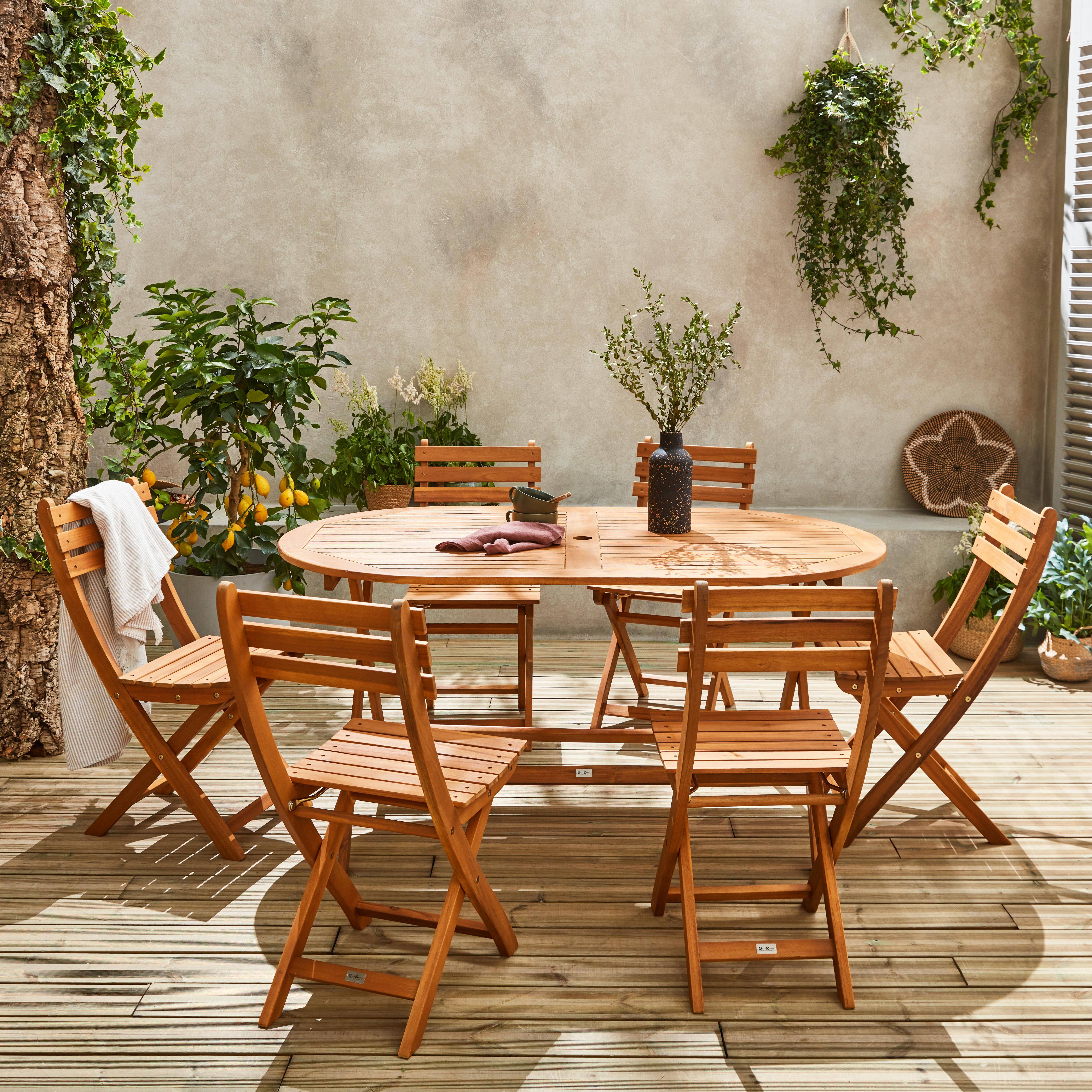 Macapa - Conjunto mesa de jardín plegable de madera ovalada con 6 sillas