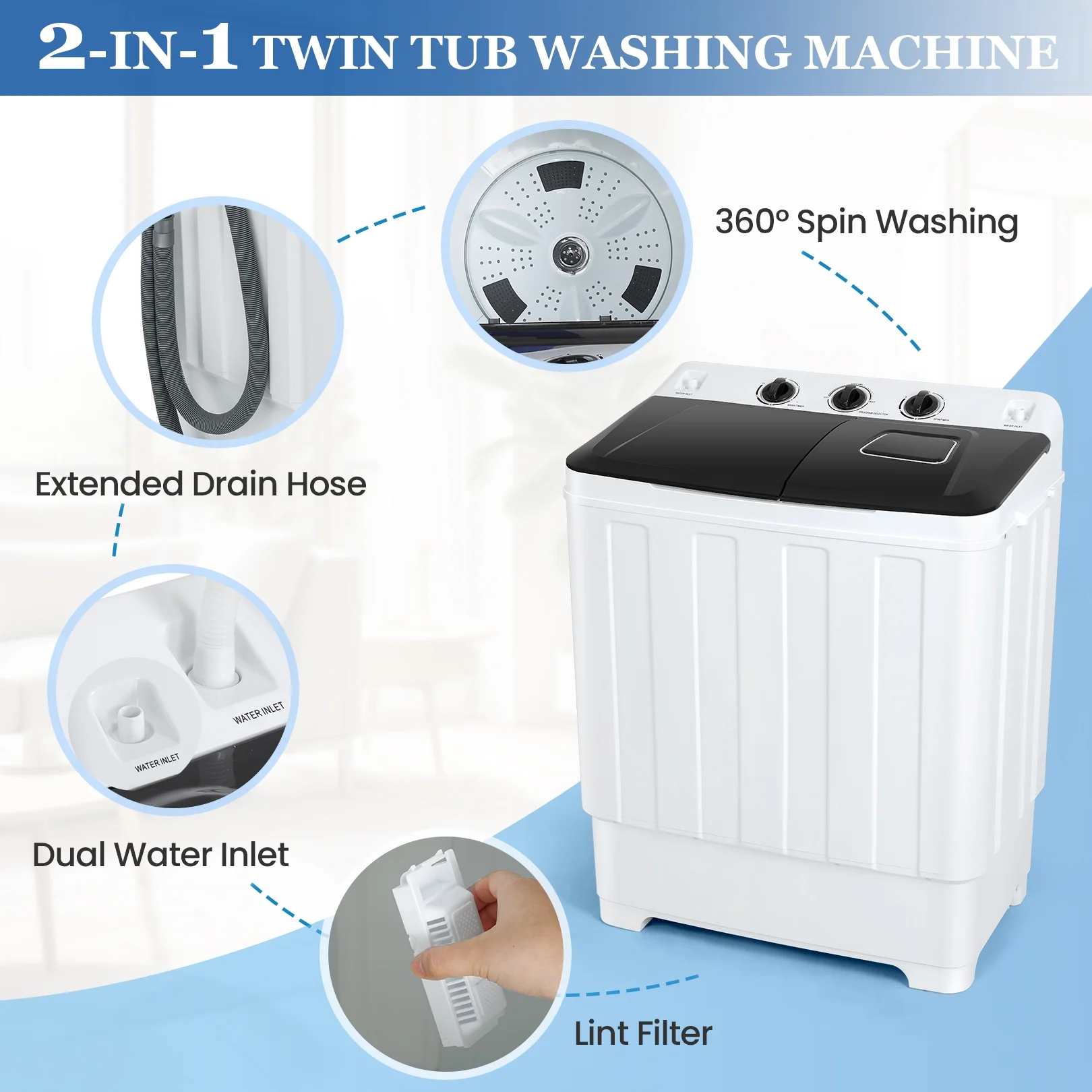 Qhomic Portable Washer 30lbs, 2-in-1 Twin Tub Washer & Dryer Combo Compact Semi-Automatic Washing Machine with Drain Pump, Black - Image 21