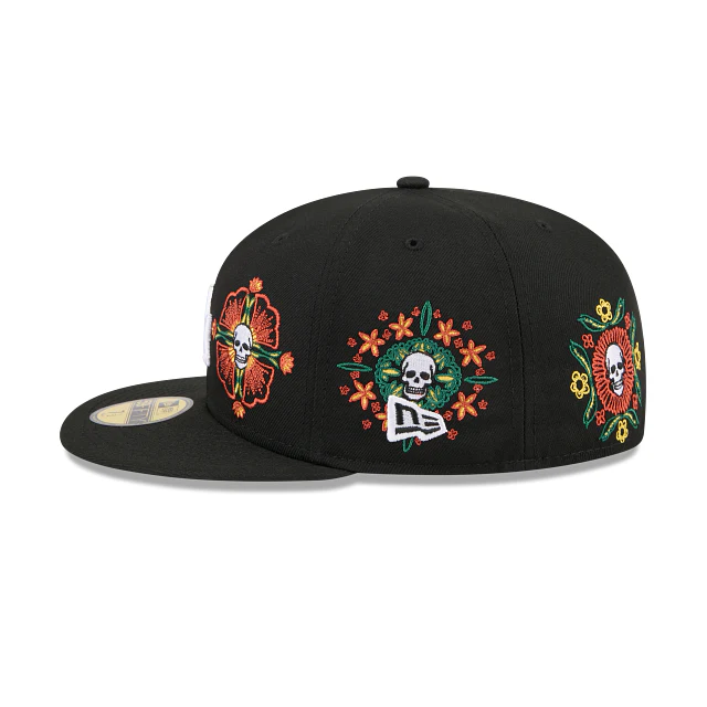 Left side view of the Dodgers 59FIFTY hat showing the embroidered New Era flag over the floral skull design.