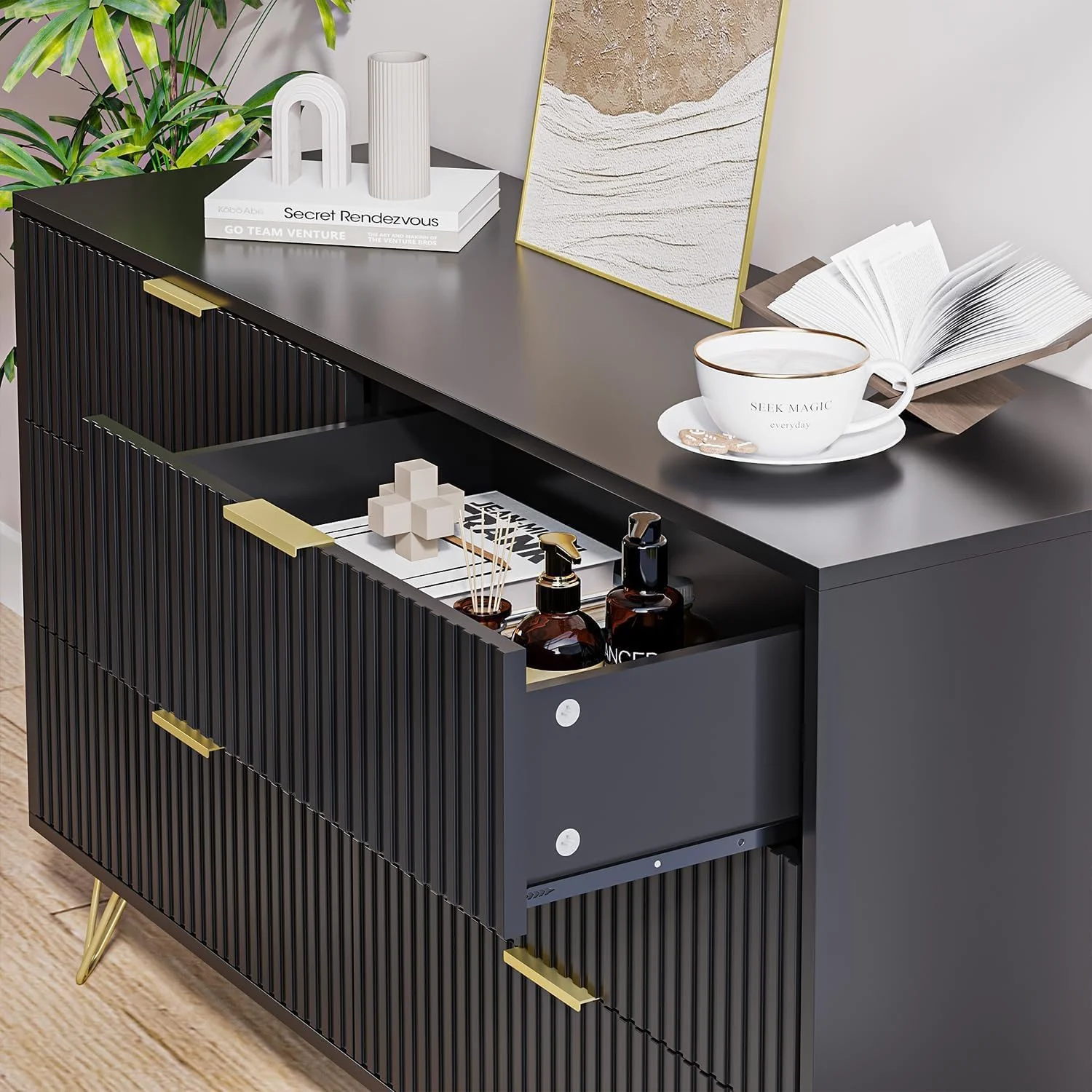 FURNIWAY White 6 Drawer Dresser for Bedroom, Modern Dresser with Gold Metal Handles,Fluted Wood TV Stand for Living Room, Hallway - Image 15
