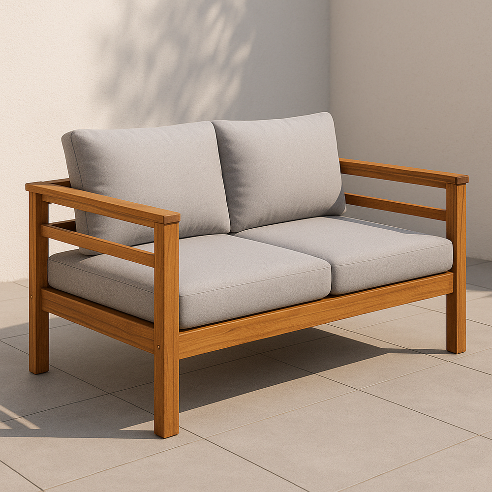 Sofá de 2 Plazas de Madera Natural con Cojines Gruesos de Poliéster en Gris 120x75x80cm