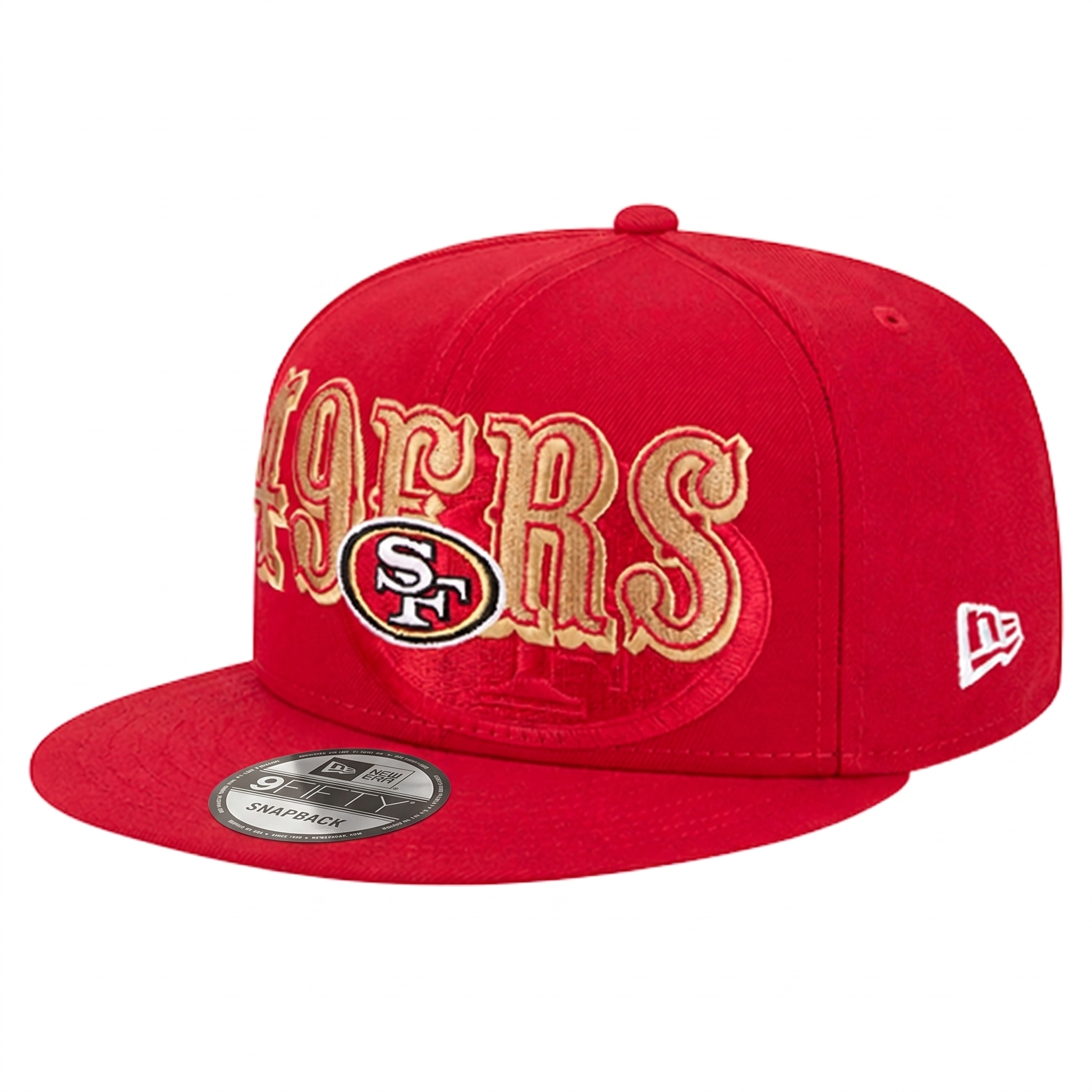 Angled front view of the 49ers 9FIFTY Snapback Hat highlighting the white embroidered New Era flag on the left panel.