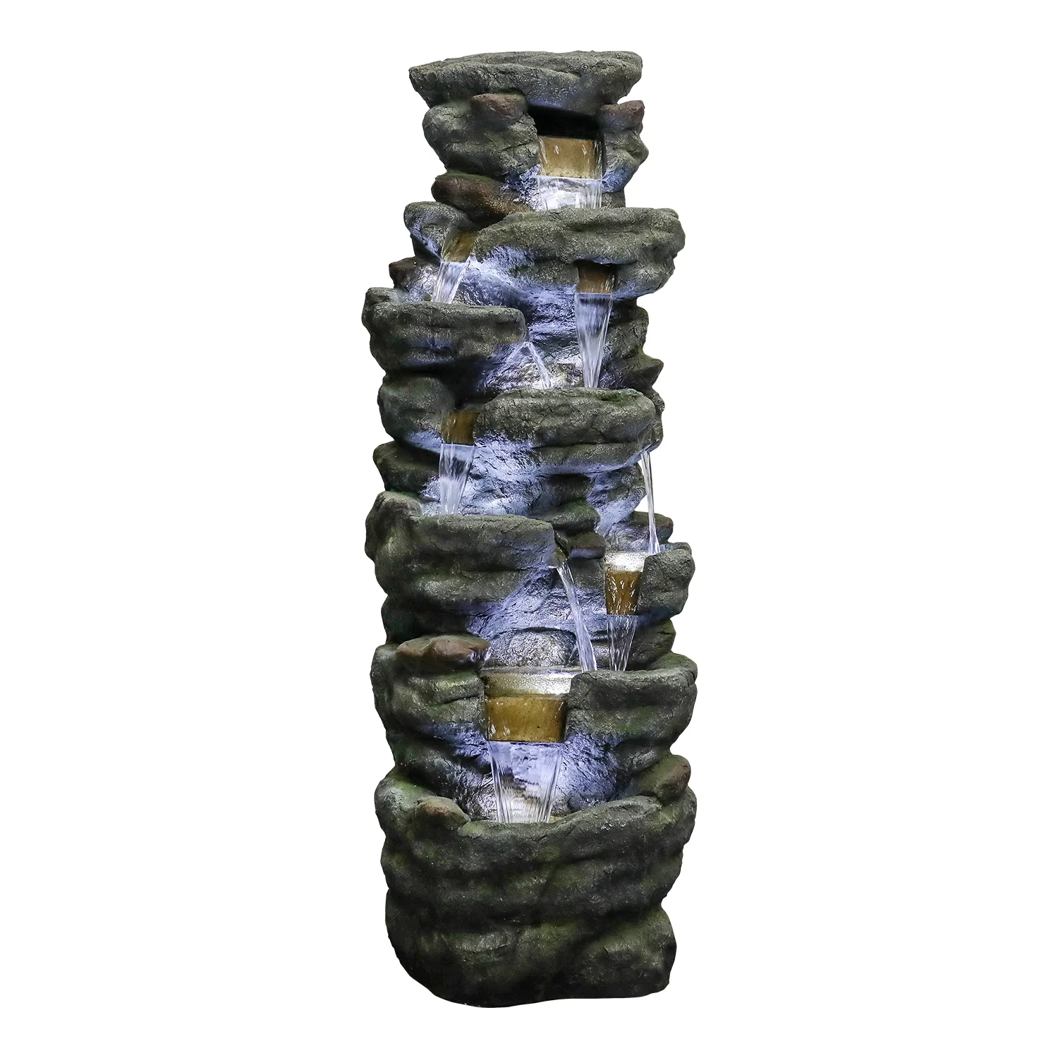 51" H Outdoor Water Fountain - 7-Tiers Rock Waterfall Fountain with LED Lights for Home Garden Decor - Image 7