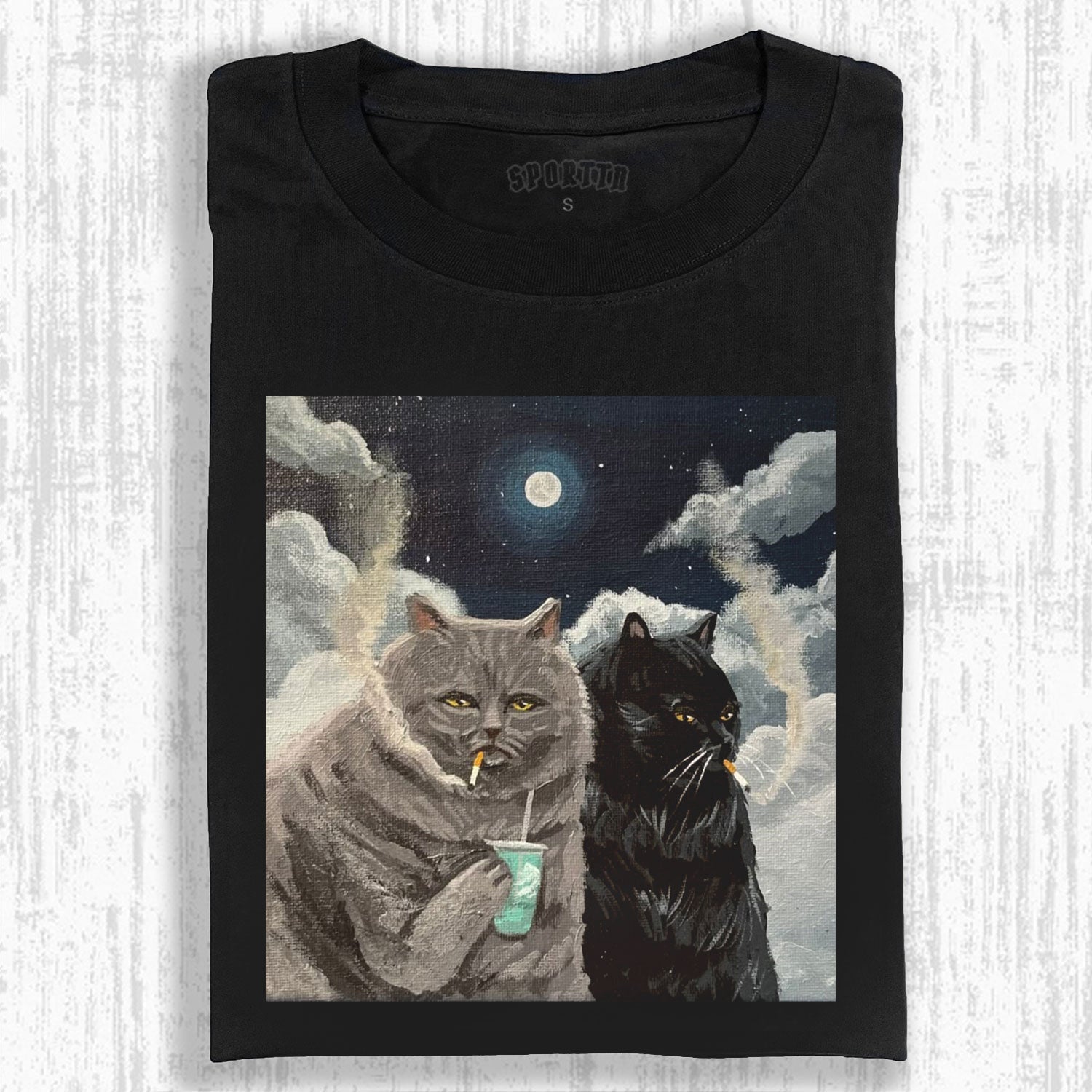 CATS SMOKING UNDER THE MOON T-SHIRT