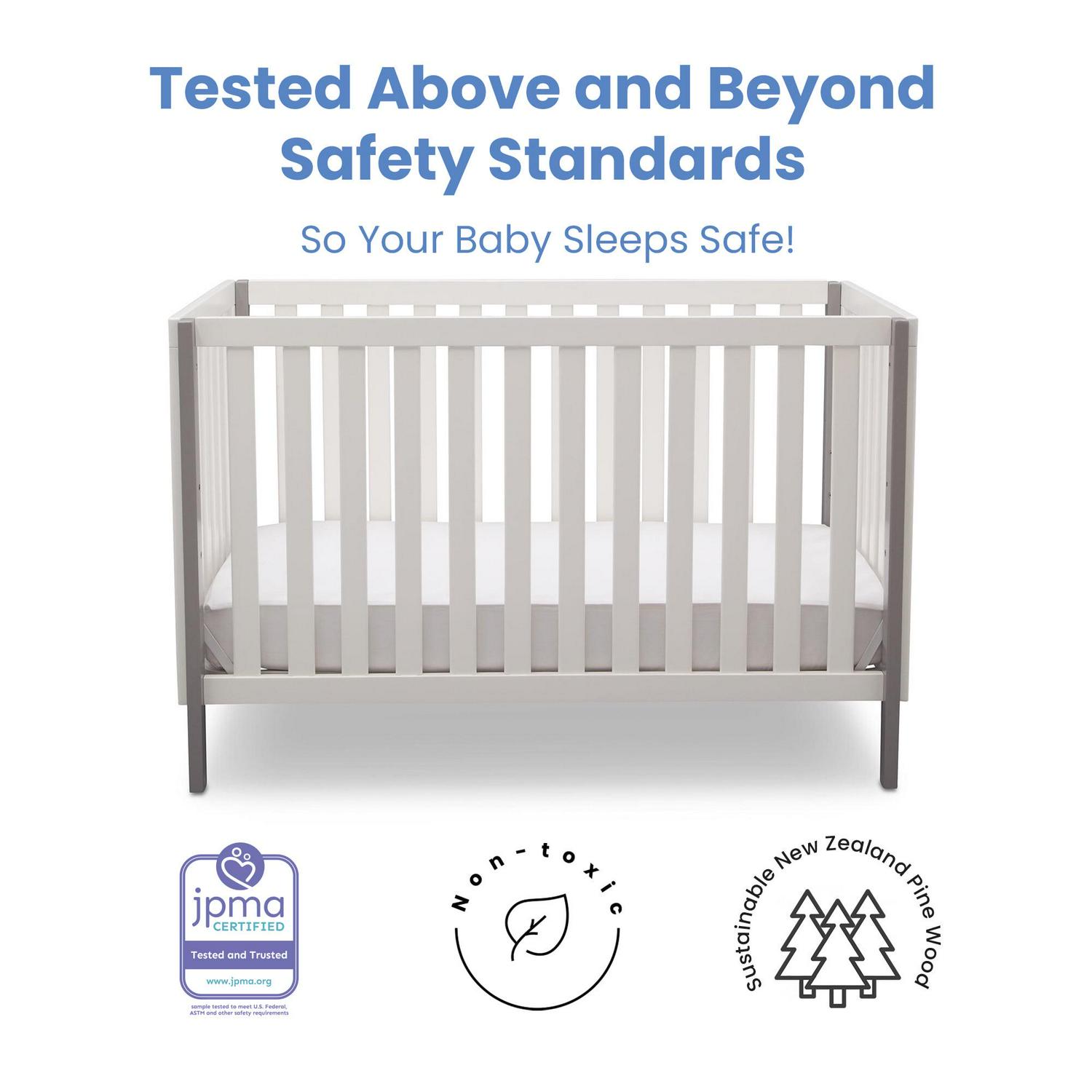 Delta Children Milo 3-in-1 Convertible Crib. Greenguard Gold Certified. Bianca White/Grey - Image 3