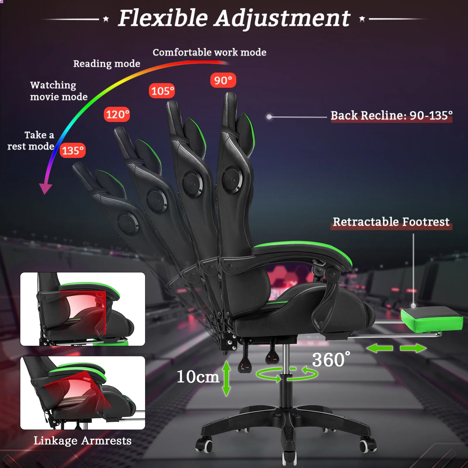 Hoffree Gaming Chair with Speakers PU Leather Office Chair with Footrest and LED Lights Ergonomic Gamer Chair with Massage Lumbar Support and Headrest Adjustable Swivel for Home Office 300lb - Image 45