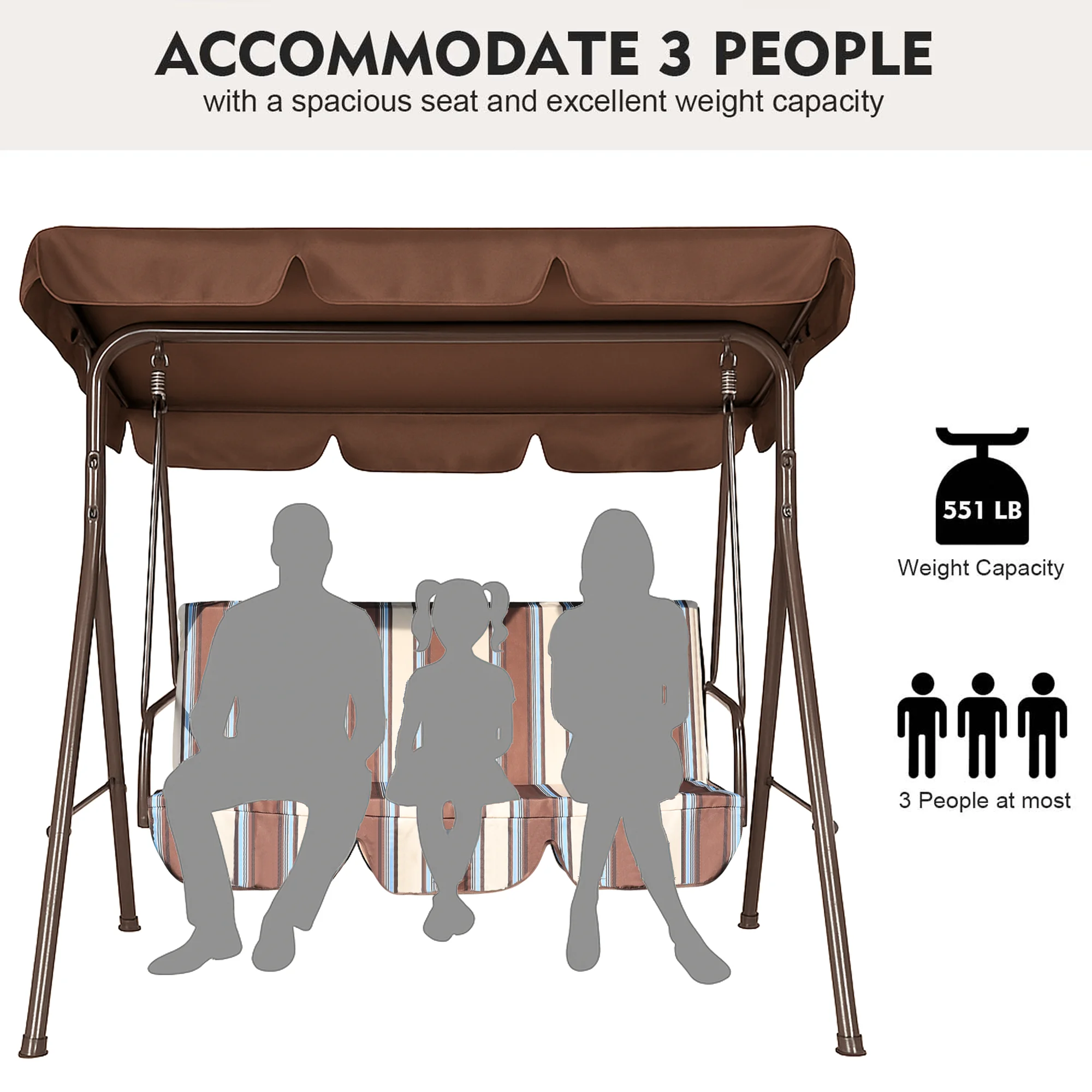 GVDV 3-Seat Steel Porch Paito Swing with Stand,Outdoor Swing Chair with Canopy,Yard swing&Outside swing,Canopy Swing-Brown - Image 22