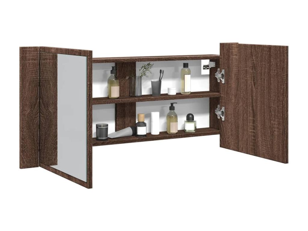 Armario de baño con espejo y luz LED marrón roble 100x12x45 cm