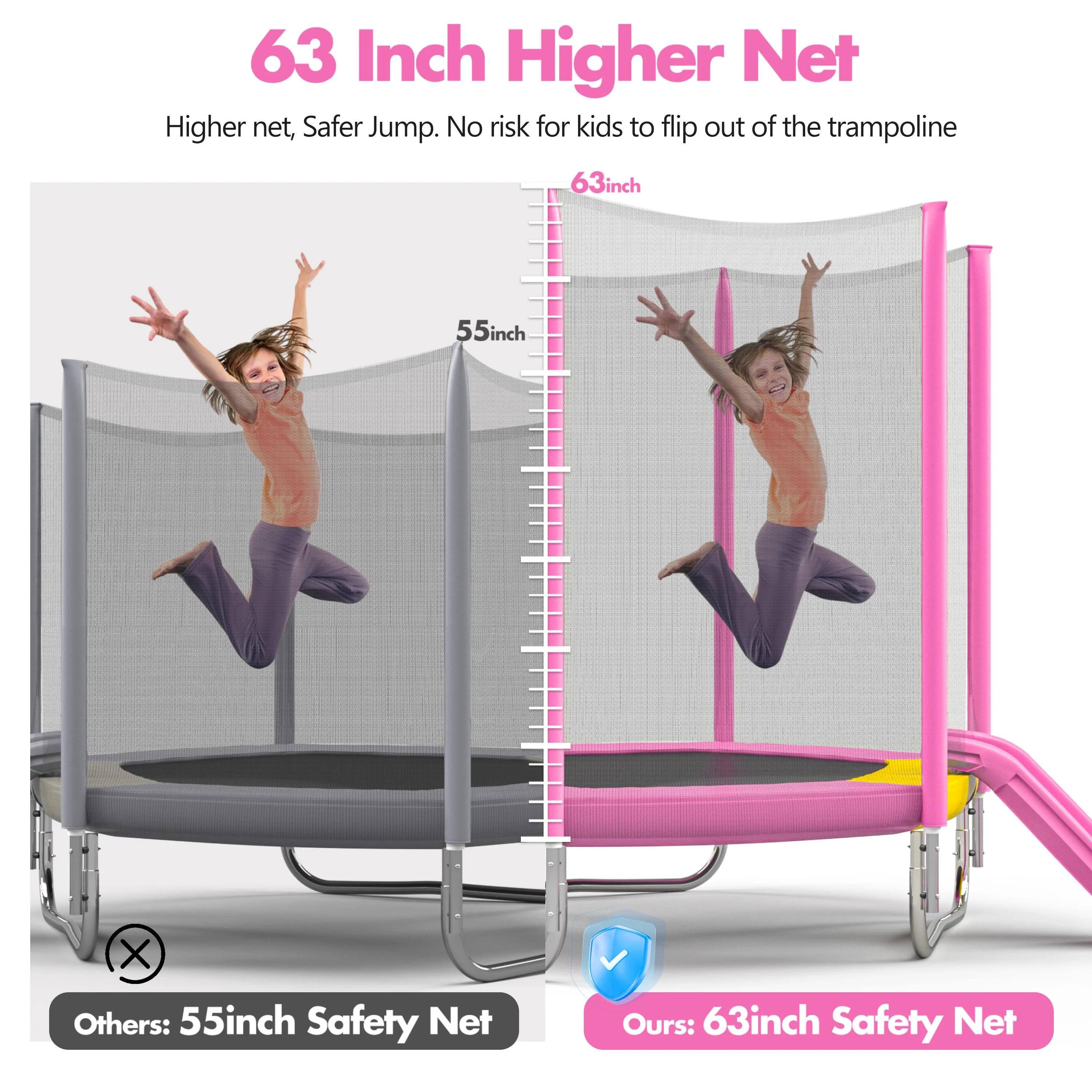 EUROCO 7FT Trampoline with Removable Slide, Kids Indoor Outdoor Trampoline with Enclosure Net and Ladder, Pink - Image 6