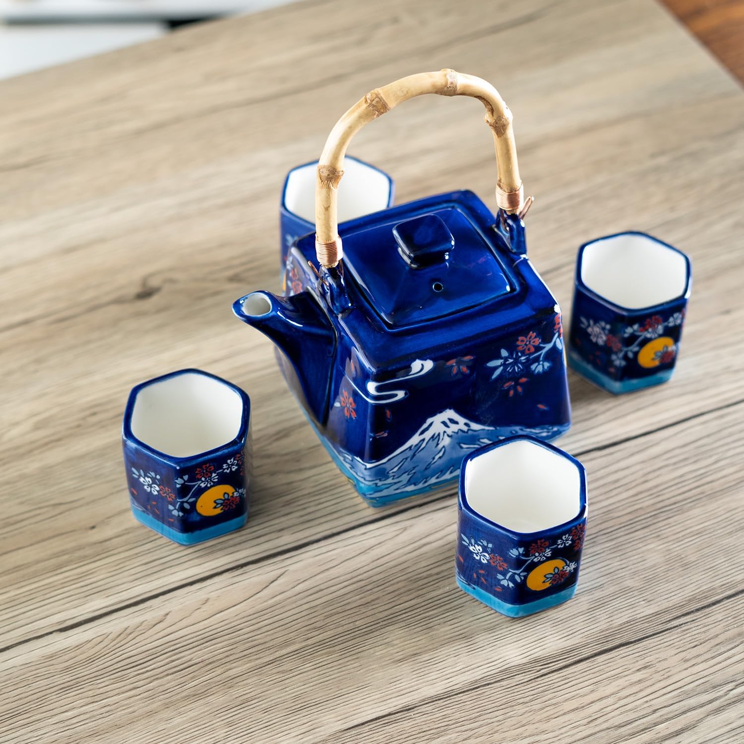 Urban Tokyo Japanese Style Cube Shape 20oz Porcelain Tea Set Teapot with Strainer, Wooden Handle and 4 Hexagon Tea Cups, Fujiyama Mount Fuji Design