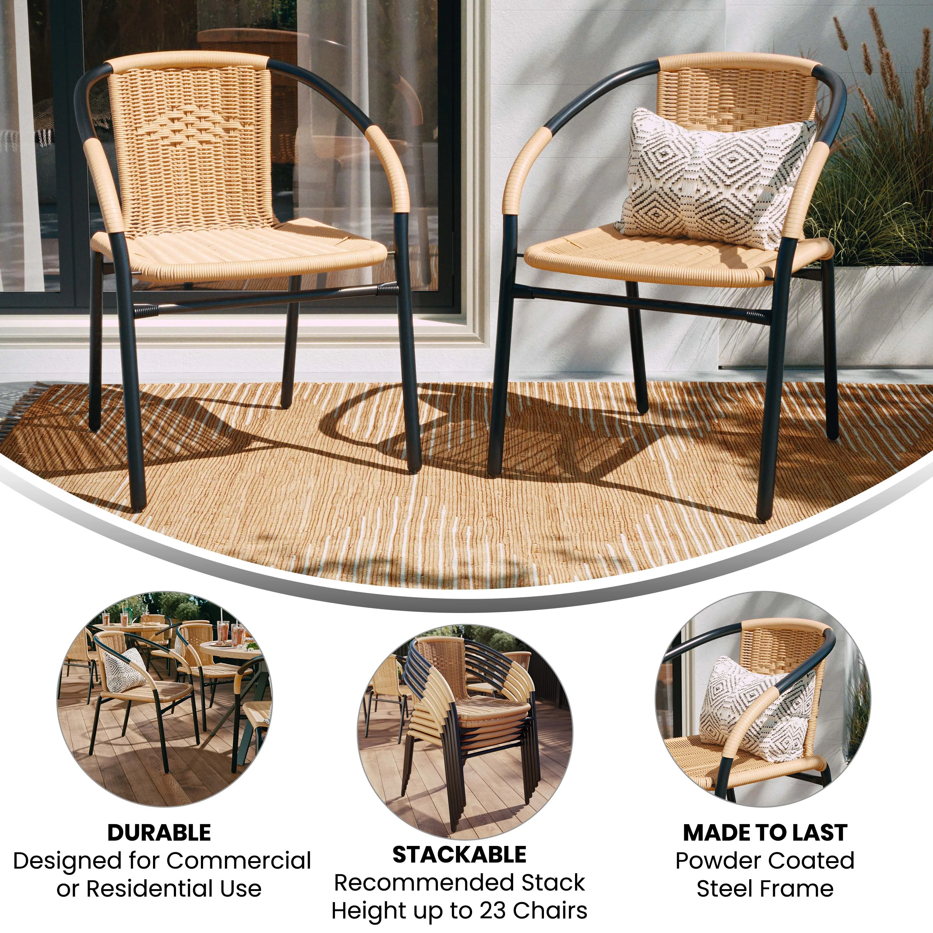 Emma + Oliver Indoor/Outdoor Stacking Rattan Restaurant Patio Chairs, Set of 2, Gray - Image 35