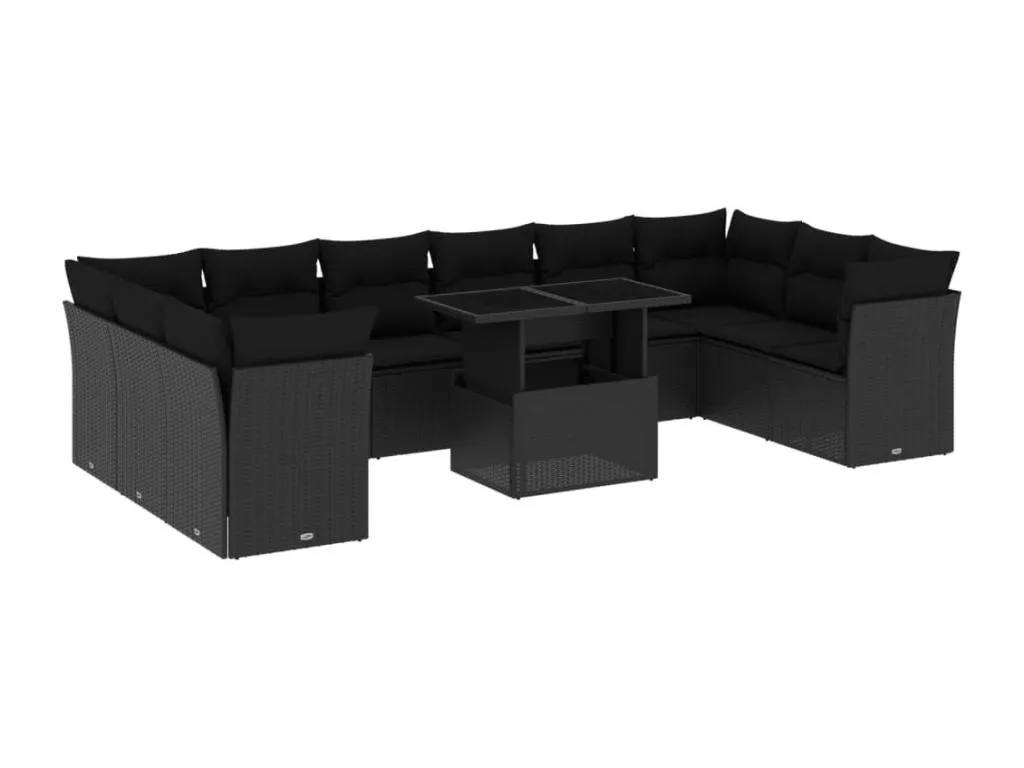 Set de sofás de jardín 11 piezas y cojines ratán sintético negro 35972BQRZ