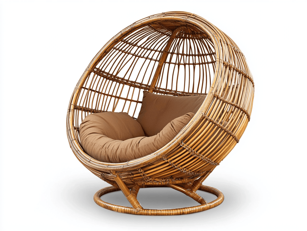 Sillón redondo de ratán natural – estructura envolvente – con cojines marrones acolchados