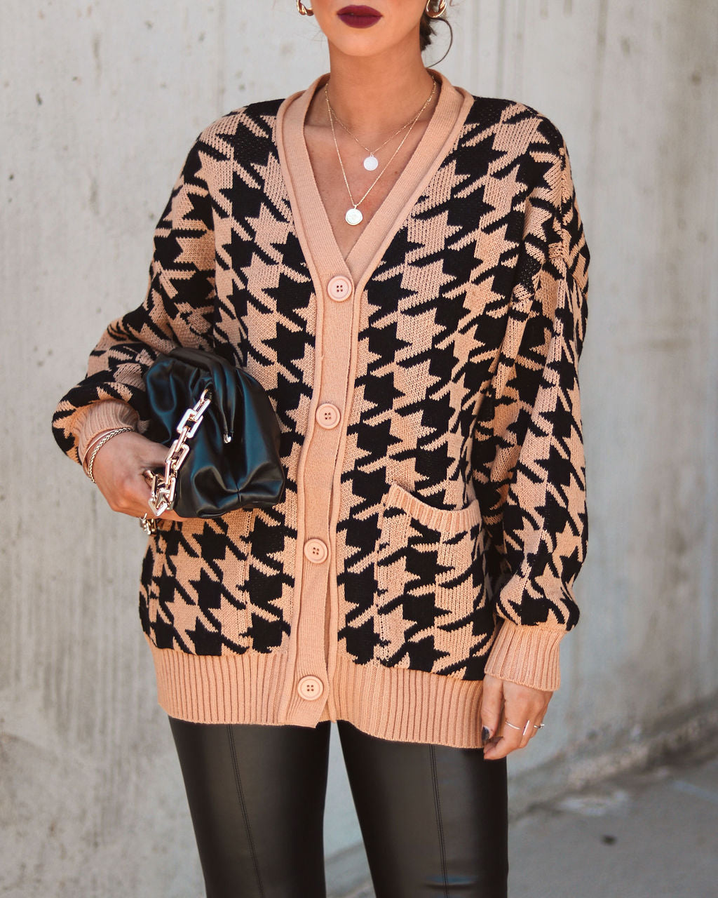 Parisian City Dreams Pocketed Houndstooth Cardigan - Se7enfashion