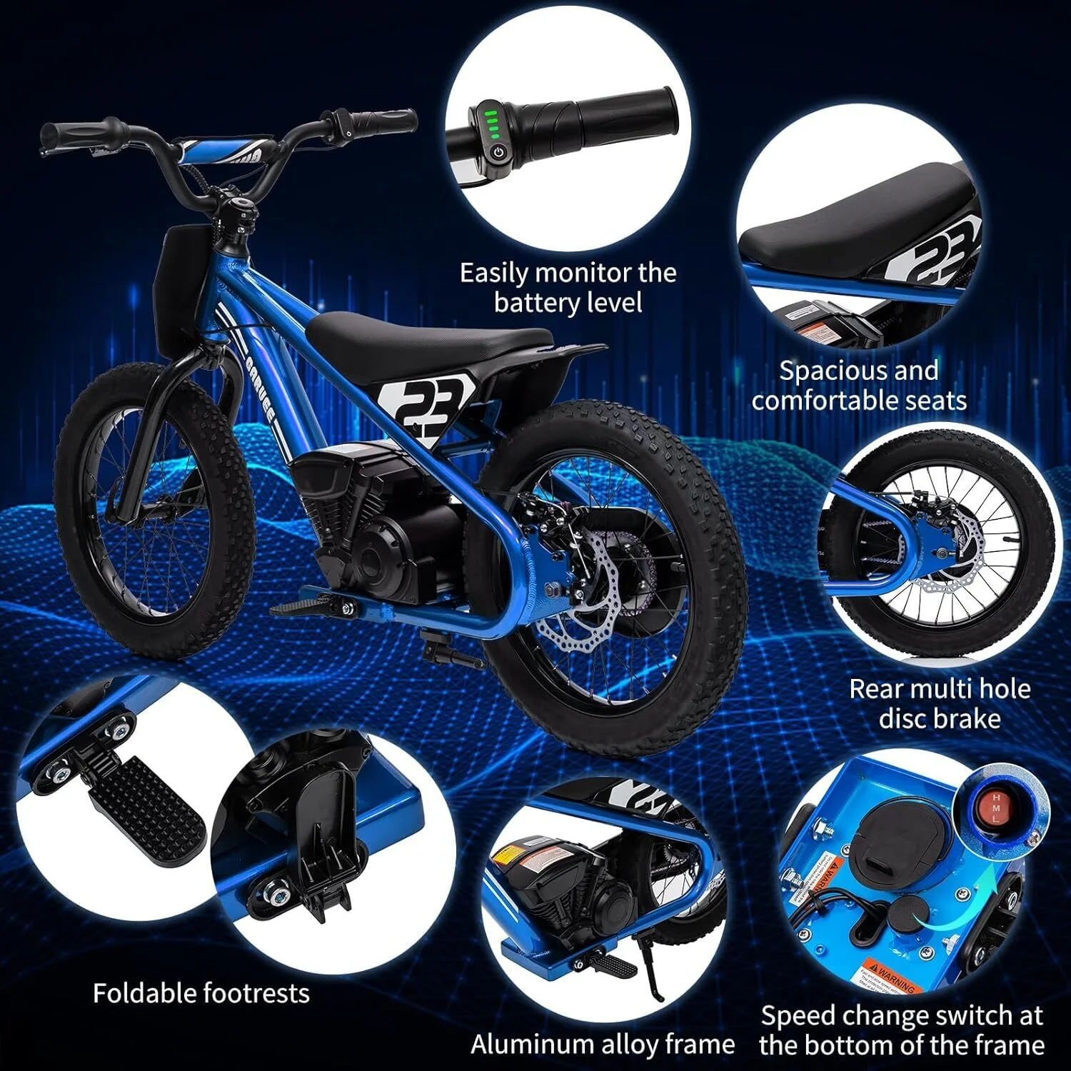 Aoile Electric Dirt Bike for Kids, 24V 5.2Ah Electric Motorcycle with 16" Tires, Electric Balance Bike w/Adjustable Speeds & Detachable Battery, Black - Image 12