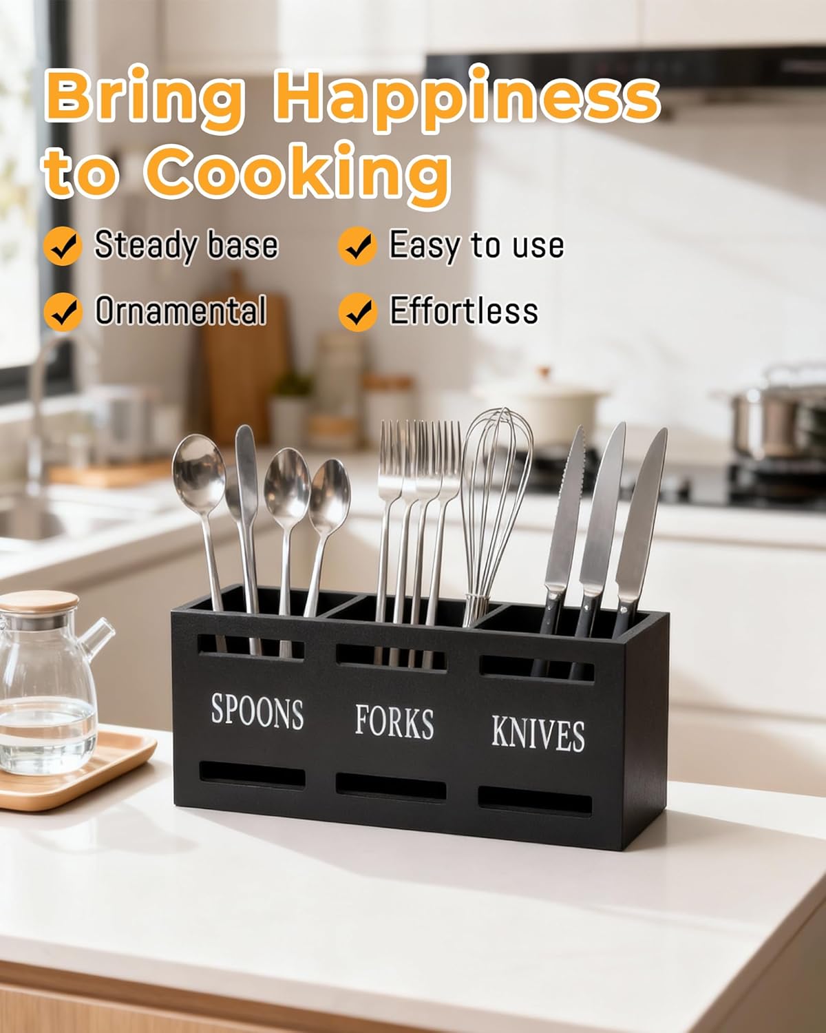 Kitchen Utensils Holder for Counter, Wooden Utensil Organizer for Storage Cooking and Silverware, Black Cooking Utensil Storage Box for Countertop,Wood Organizer with 3 Compartments,Rustic Minimalist.