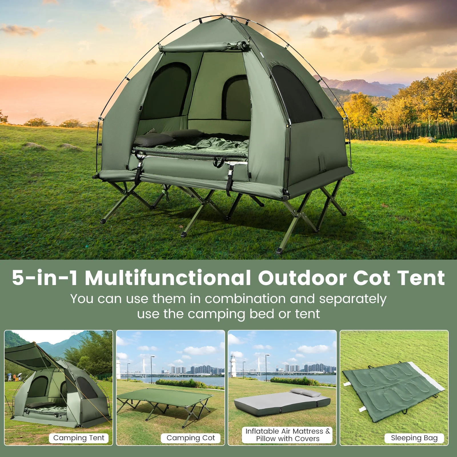 Gymax 2-Person Camping Tent Cot 5-in-1 Folding Camping Bed w/ Air Mattress Pillow Sleeping Bag - Image 2