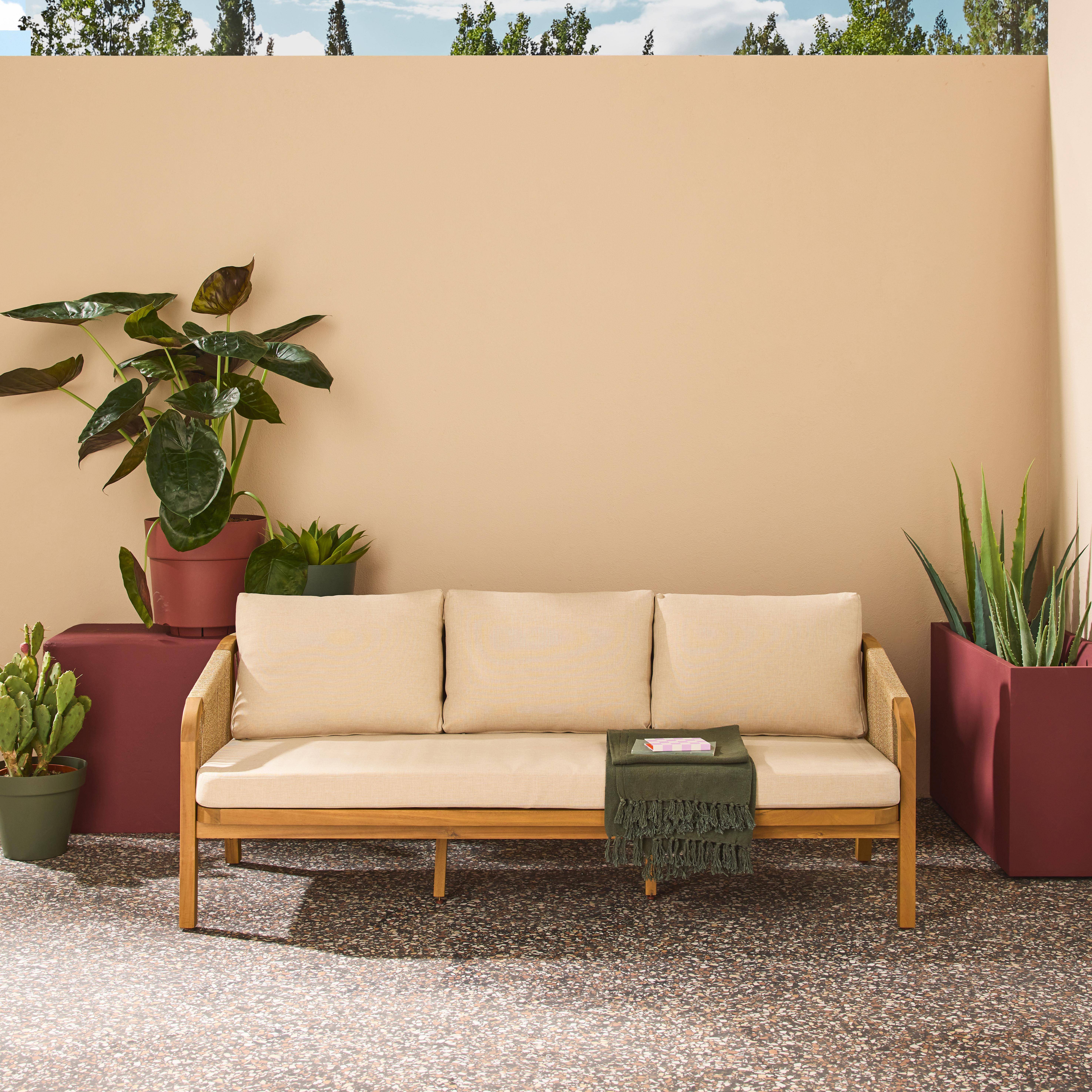 Parana - Sofá exterior de madera acacia, cuerdas y tela, 3 plazas