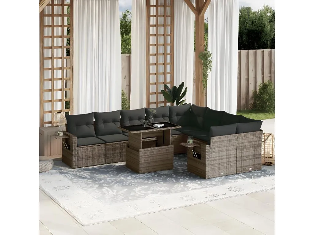 Set de sofás de jardín 10 pzas con cojines ratán sintético gris MVGJ84078