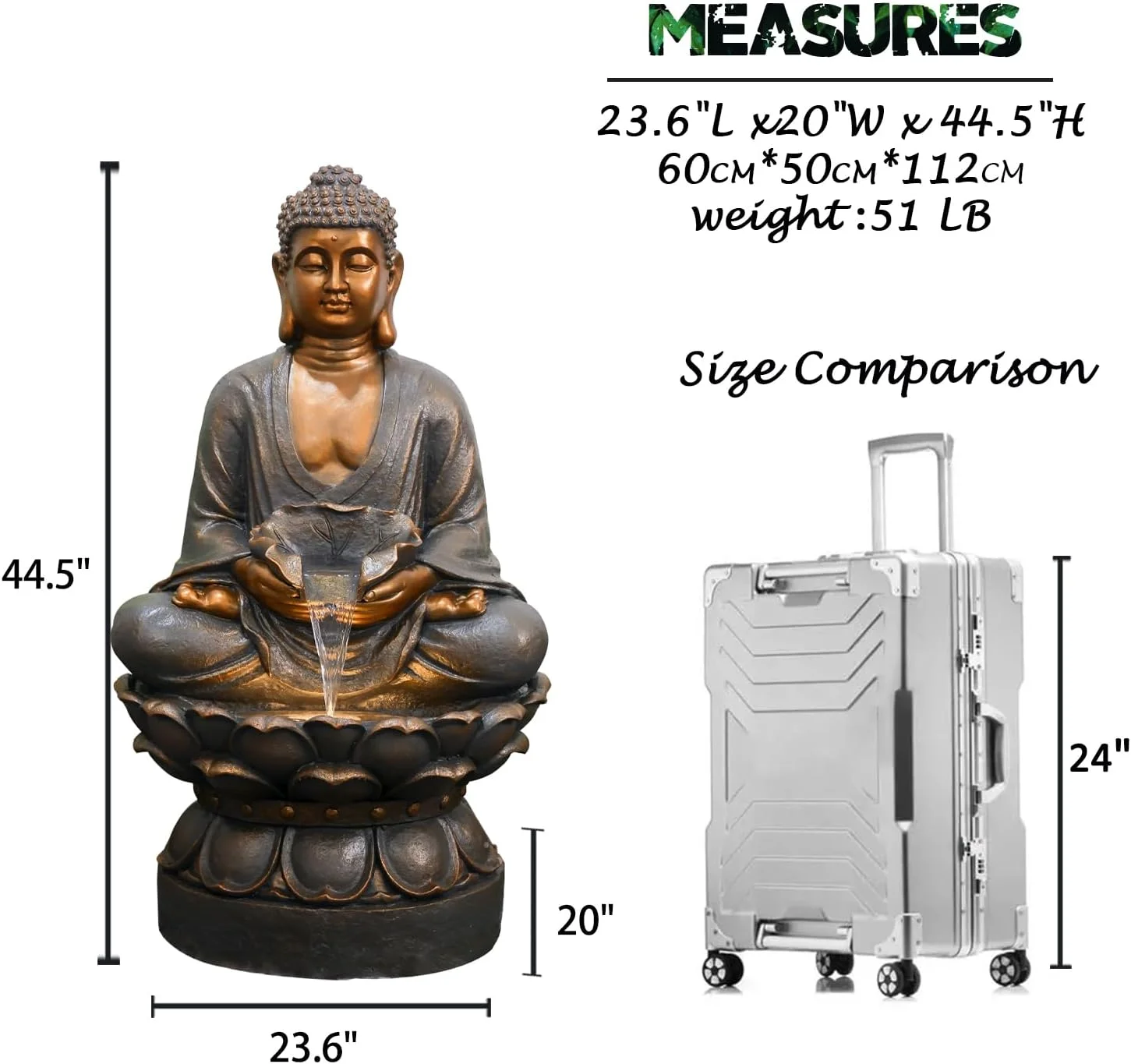 Buddha Water Fountain Outdoor Large Sitting Lotus Base Waterfall Fountains Zen Water Feature Indoor with LED Light for Garden Patio Backyard Deck Lawn Porch Balcony Home 45 inches Gold - Image 6