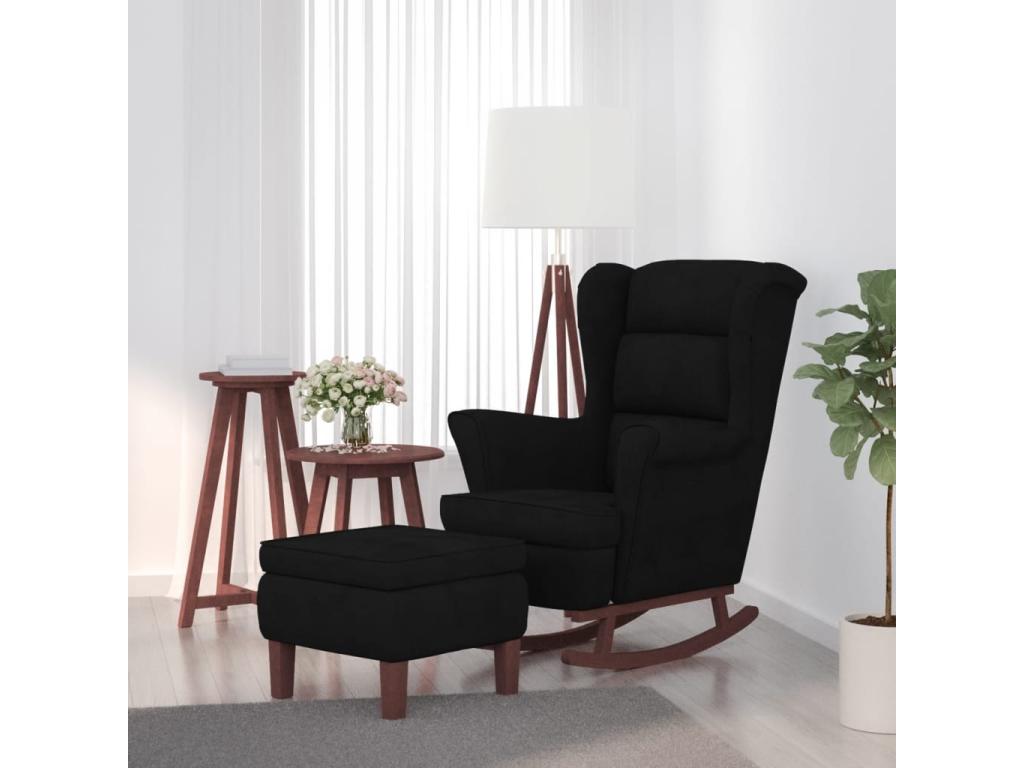 Sillón mecedora patas madera y taburete terciopelo negro