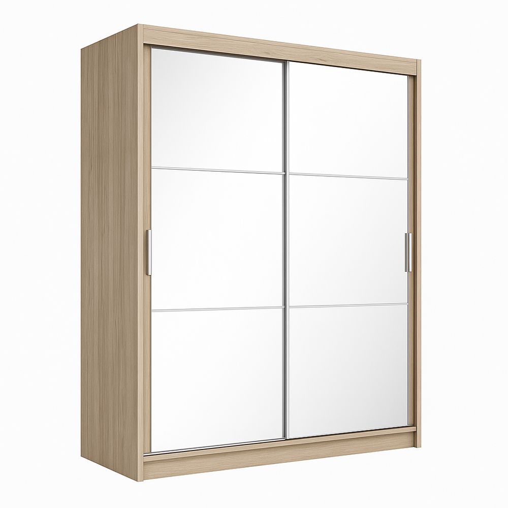 Armario deslizante moderno de madera con espejos, armario de almacenamiento elegante para dormitorio, diseño contemporáneo, acabado en roble claro